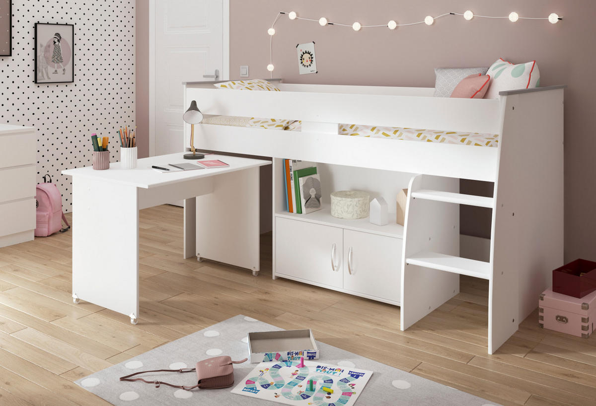 HOCHBETT weiß Jugendzimmer Bett 90 x 200 mit Schreibtisch ausziehbar - Silberfarben/Weiß, Holz/Holzwerkstoff (90/200cm) - Parisot Meuble