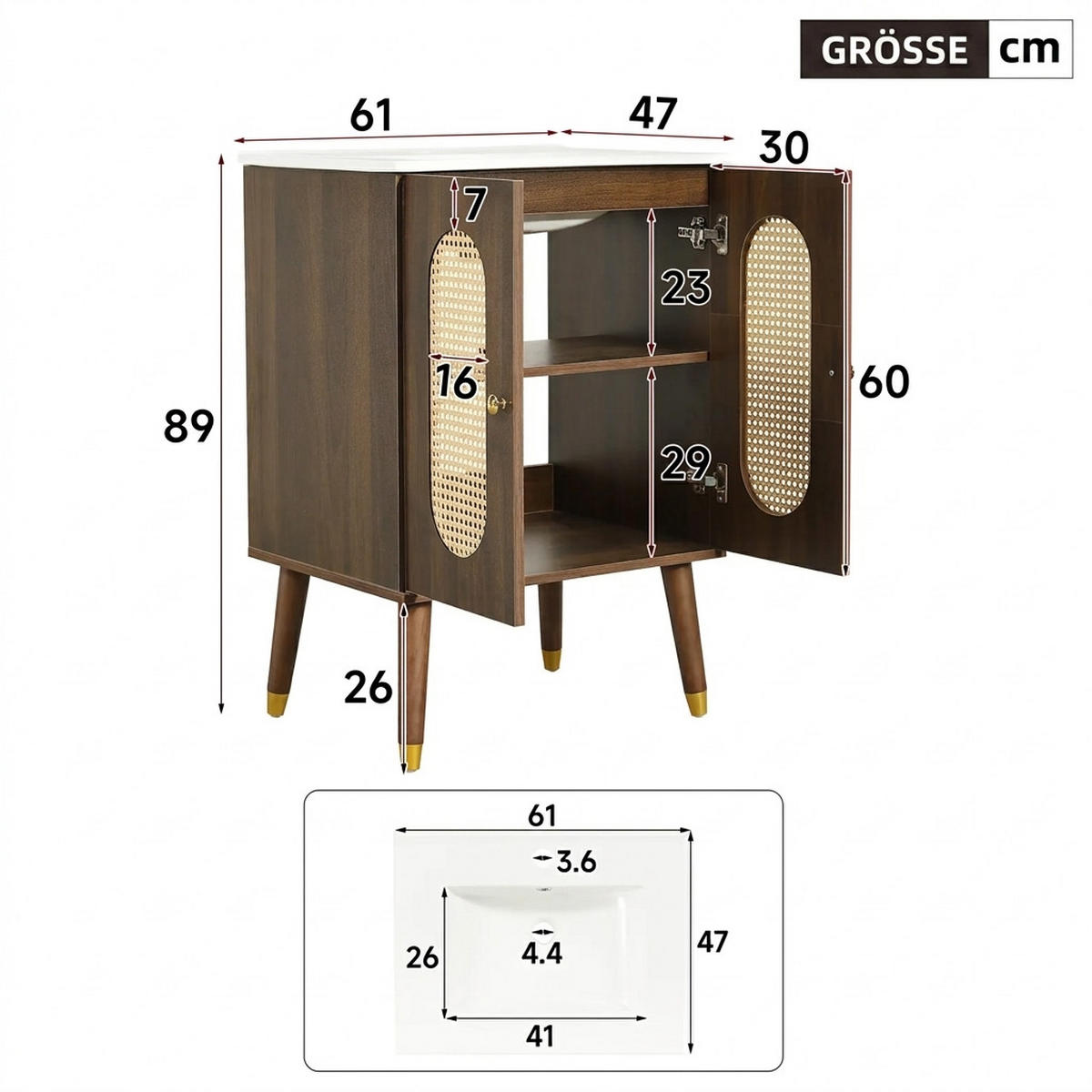 WASCHTISCHKOMBI 61/47/89 cm Walnussholzfarbe mit atmungsaktiven Rattan-Türen, ohne Wasserhahn - Walnussfarben, Holz/Holzwerkstoff (47/89/61cm) - Oxeza