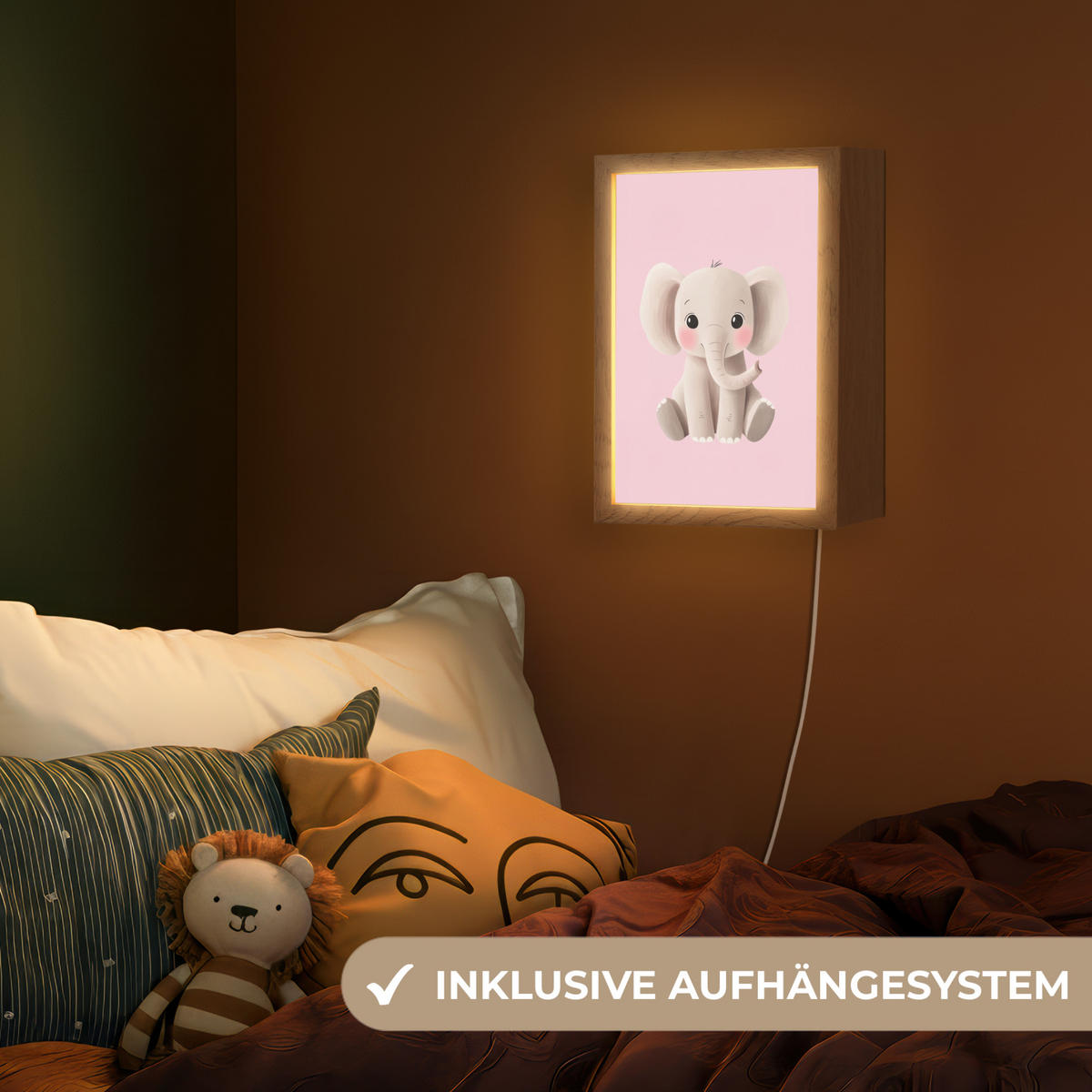 NACHTTISCHLAMPE Elefant - Baby - Rosa - Cartoon 20x30 cm - Rosa, Holzwerkstoff (8/20/30cm)