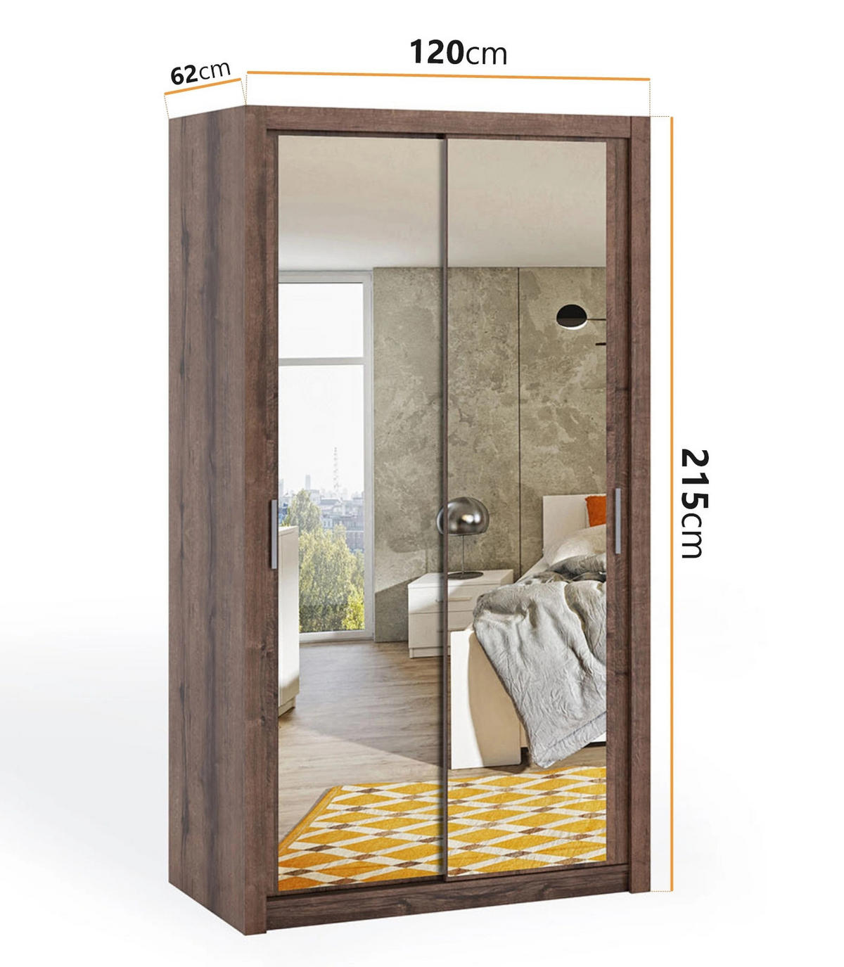 SCHIEBETÜRENSCHRANK Tamiza 120/215/62 mit Spiegel - Silberfarben/Braun, Holzwerkstoff/Kunststoff (120/215/62cm) - Ravio