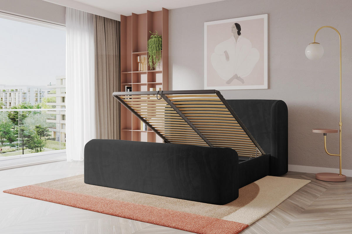 POLSTERBETT mit Bettkasten, Fußteil und Lattenrost, Boxbett ohne Matratze - ESTI-Z 160x200 Schwarz - Schwarz, Holzwerkstoff/Textil (160/200cm) - ALTDECOR