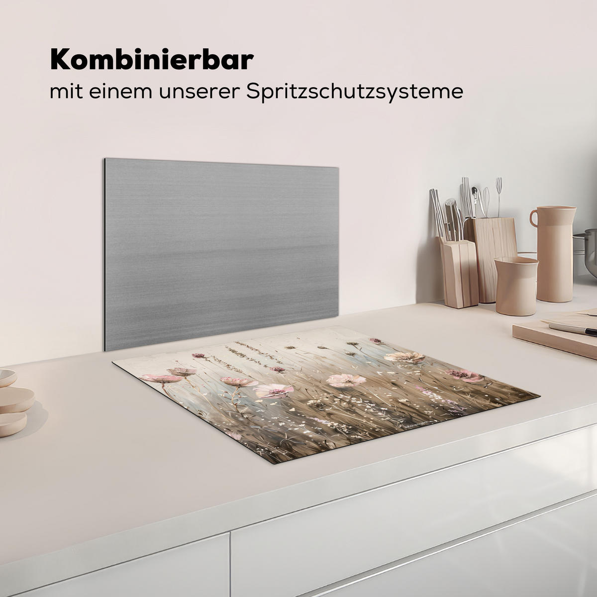 KRYT NA INDUKČNÍ DESKU Květiny - Béžová - Suché květiny 60x52 cm - béžová, plast (60/52/0.2cm) - MuchoWow