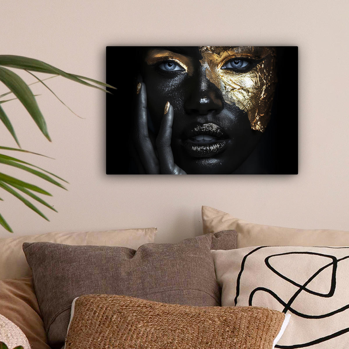 LEINWANDBILD Frau - Gold - Porträt - Schwarz-Weiß - Luxus Deko Schlafzimmer 30x20 cm - Hellblau, Textil (30/20cm) - MuchoWow