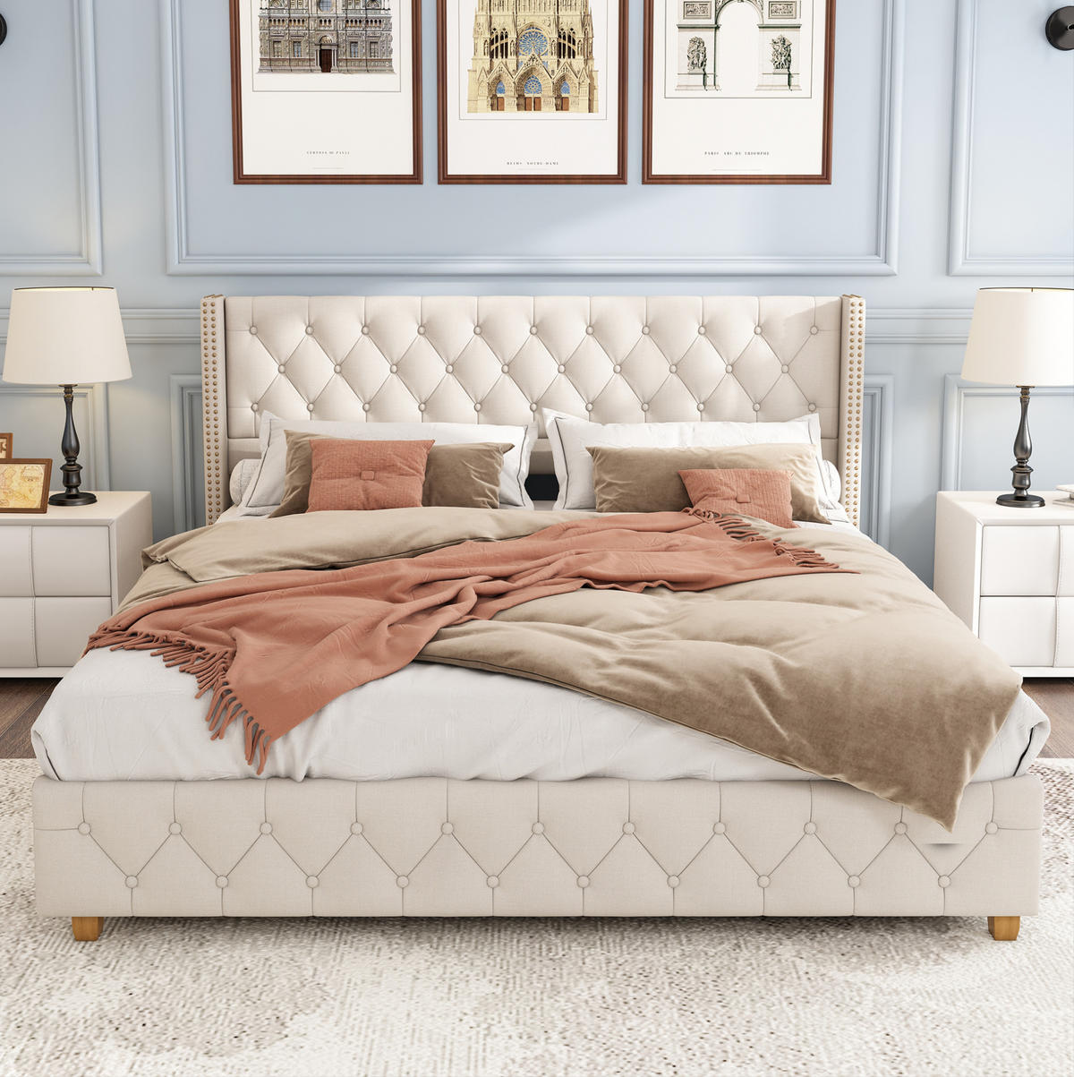 POLSTERBETT mit Kopfteil 160x200 cm Leinen Beige - Beige, Metall (160/200cm) - Meubliv