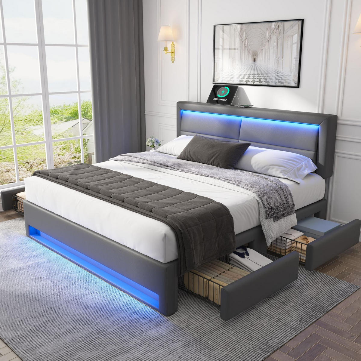 POLSTERBETT aus PU 140x190 cm Grau mit LED-Beleuchtung, USB- und kabelloser Ladefunktion, 4 Schubladen - Grau, Kunststoff (140/190cm) - IVMEU