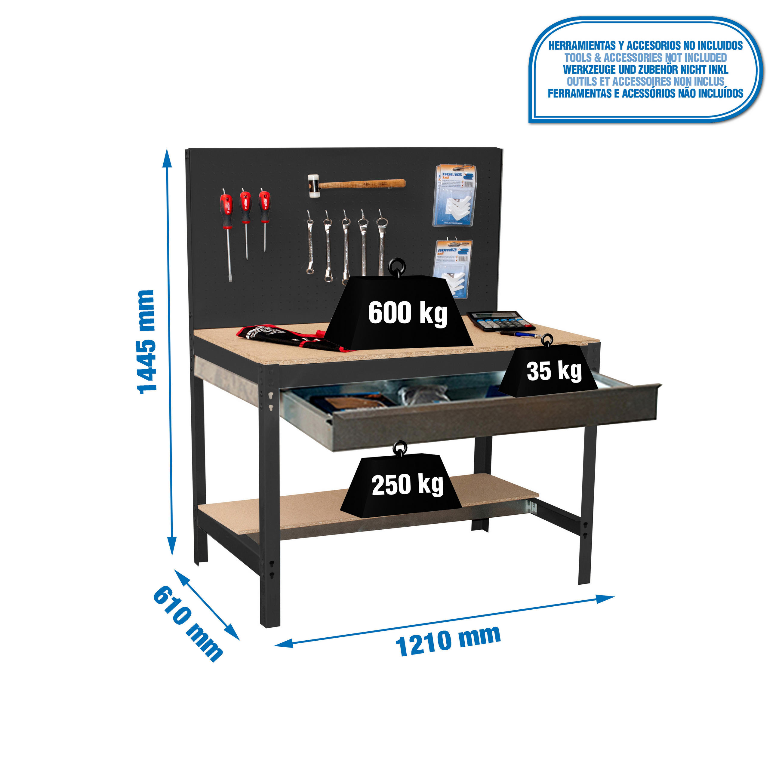 WERKBANK BUFFALO mit Werkzeugwand und Schubfach | HxBxT 84x120x61cm | Traglast 600kg | Anthrazit - Blau, Metall (130/84/61cm) - PROREGAL