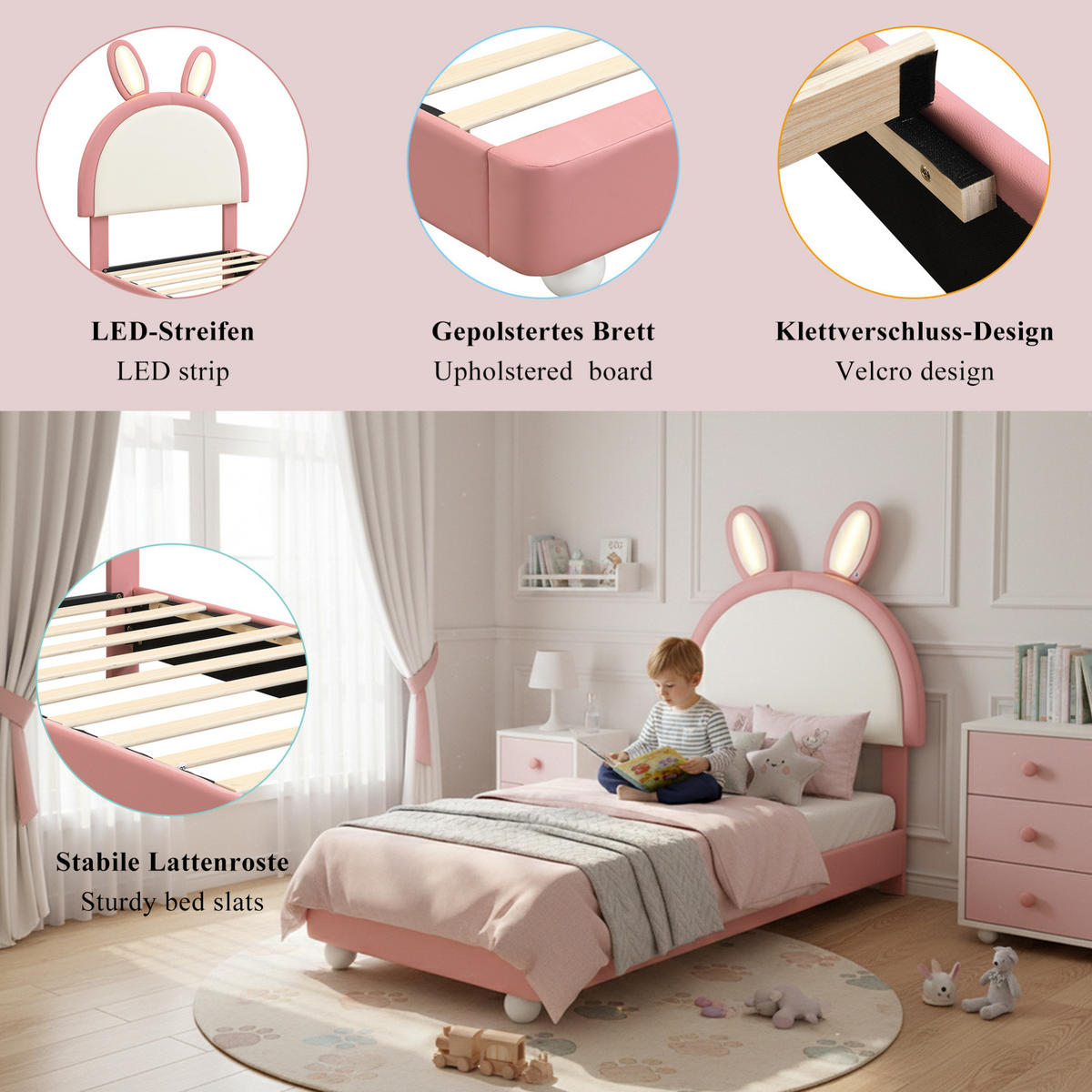 KINDERBETT 90/200 cm mit LED-Lichtleiste, Hasen-Kopfteil und weicher Antikollisionskante, Rosa/Weiß - Weiß, Kunststoff (90/200cm) - Redom