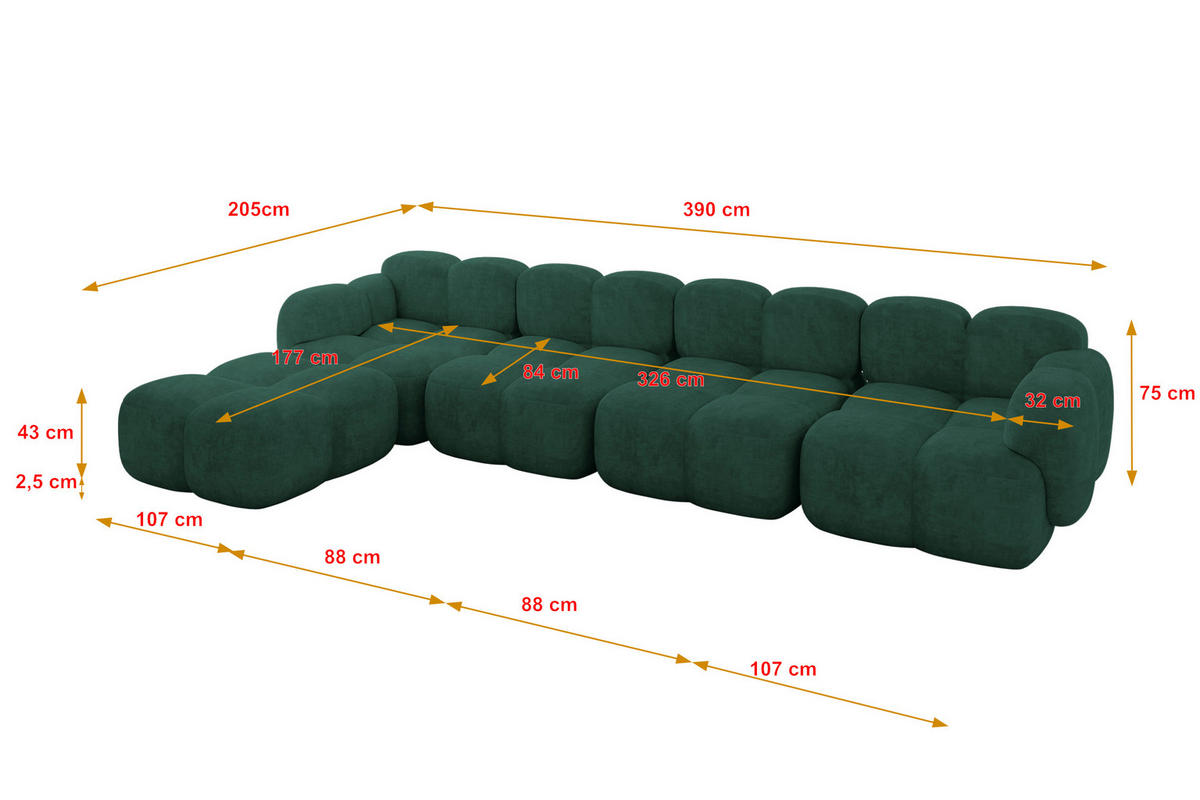 ECKSOFA modulares Sofa Links Miko-L3 390x205x75 Grün Velours - Schwarz/Grün, Holzwerkstoff/Kunststoff (390/205cm) - ALTDECOR