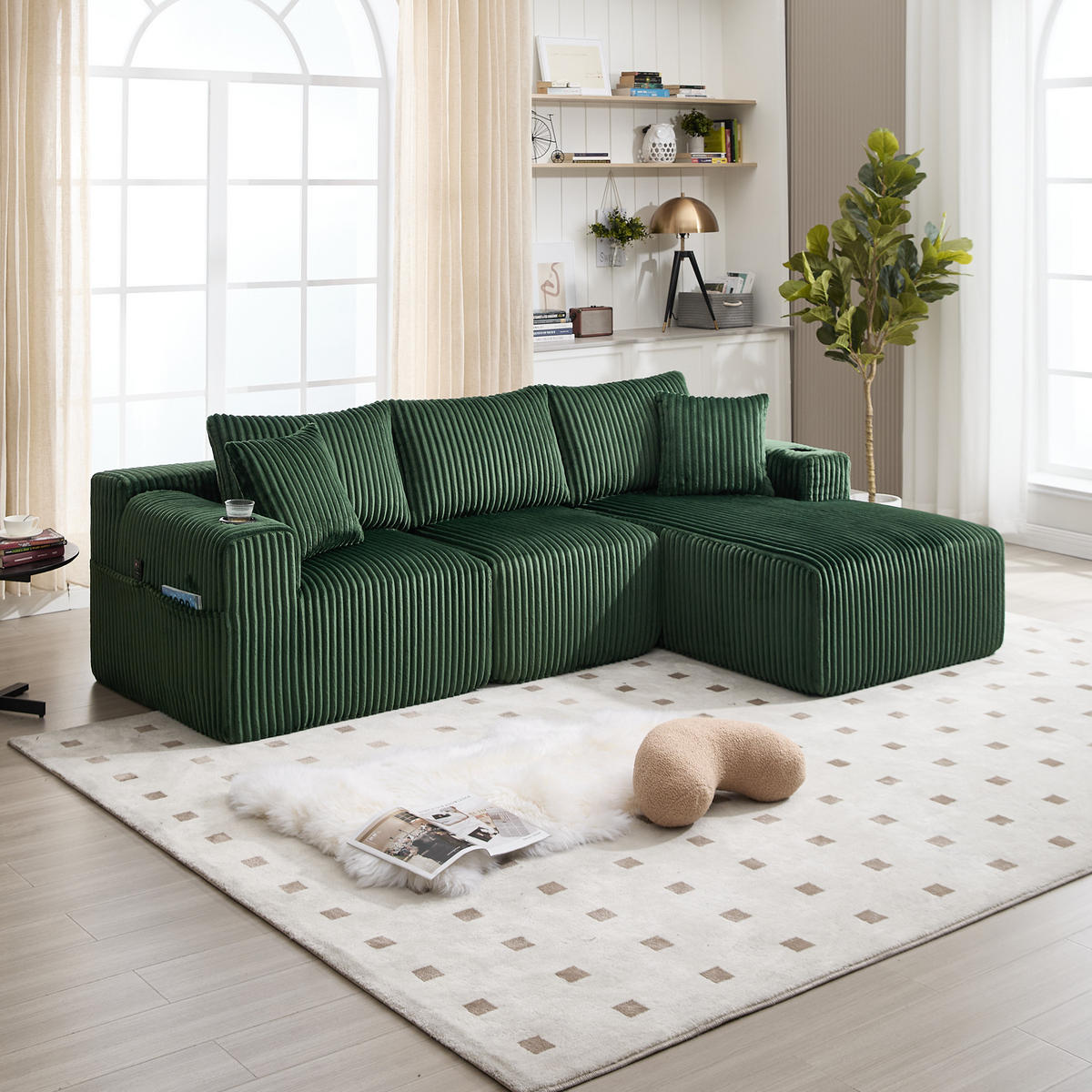 ECKSOFA 257/160/80 cm Smaragd mit Seitliche Staufächer und Getränkehalter - Smaragdgrün, Textil (257/160cm) - Oxeza