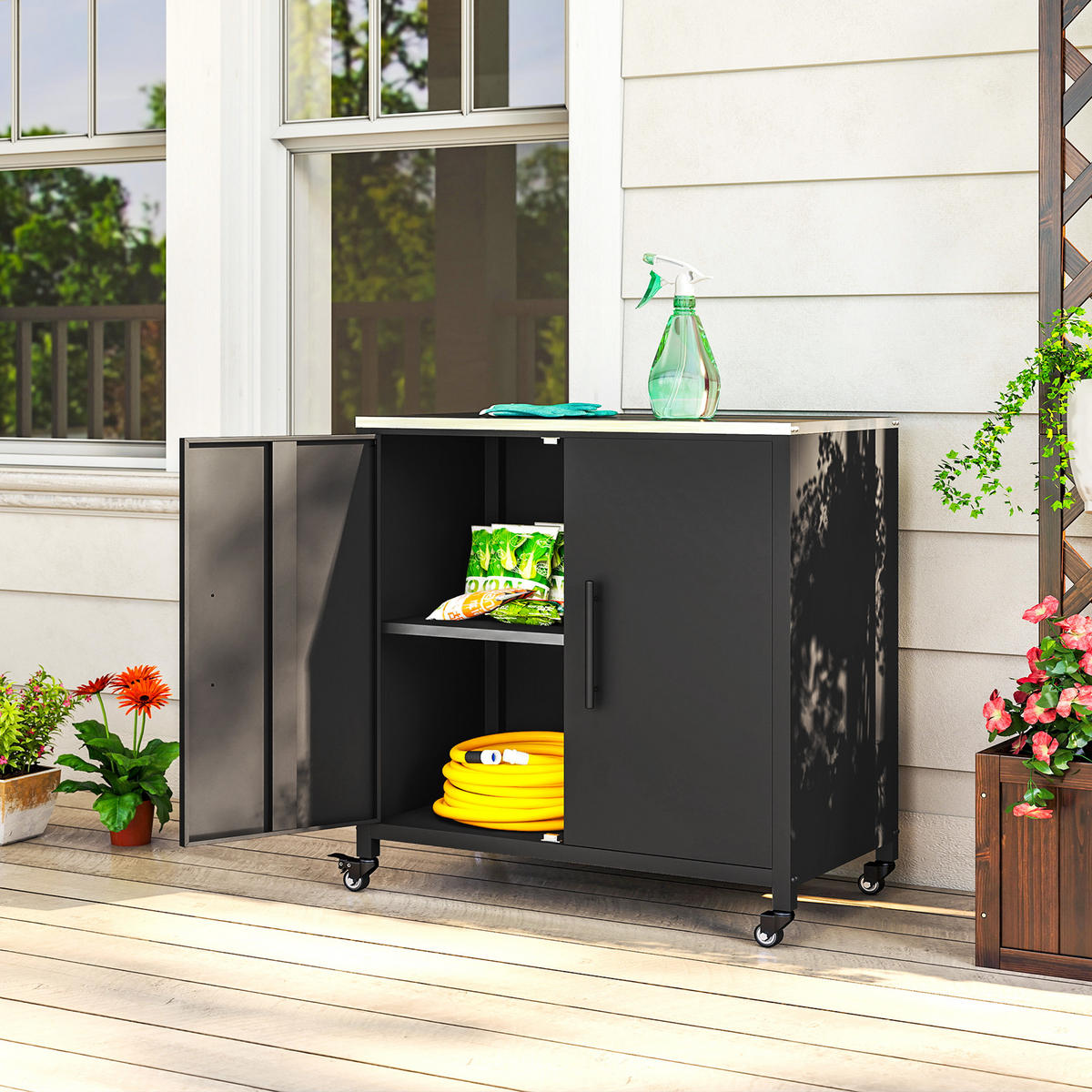 PFLANZTISCH mit Stauraum 80/50/90 cm - Schwarz, Metall (50/90/80cm) - Outsunny