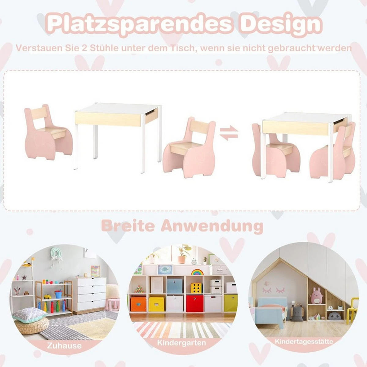 KINDERTISCH mit Stuhl rosa(3-tlg) - Pink, Holzwerkstoff (63.5/48/61.5cm) - COSTWAY