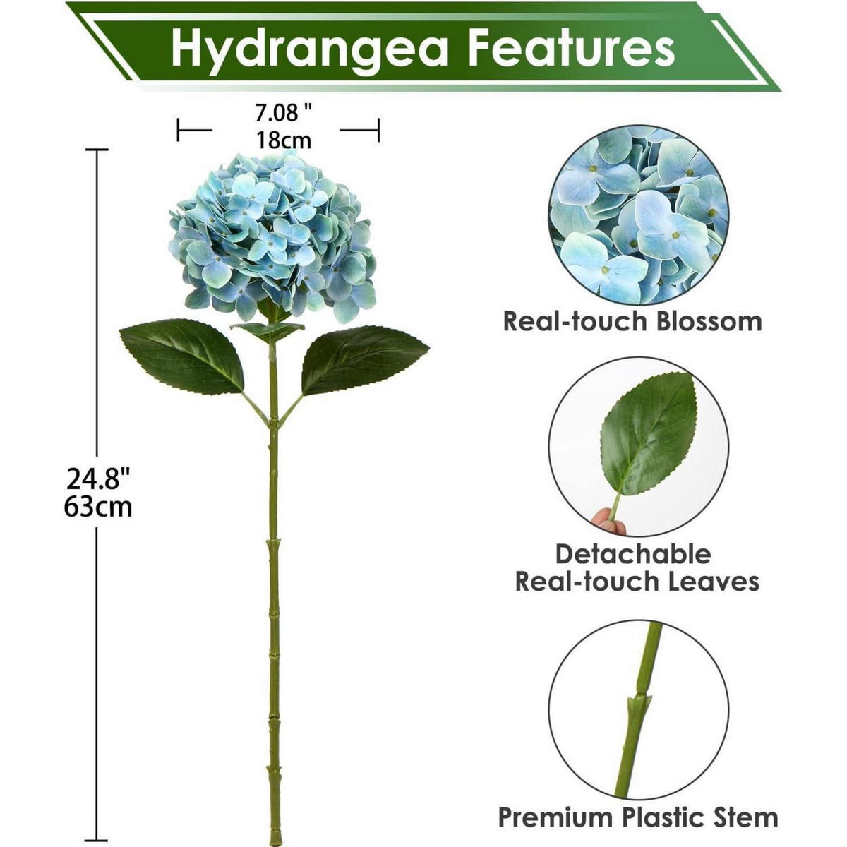 KUNSTBLUME Hortensie Cadet Blue 63 cm 2 Stück - Blau, Kunststoff (10cm)