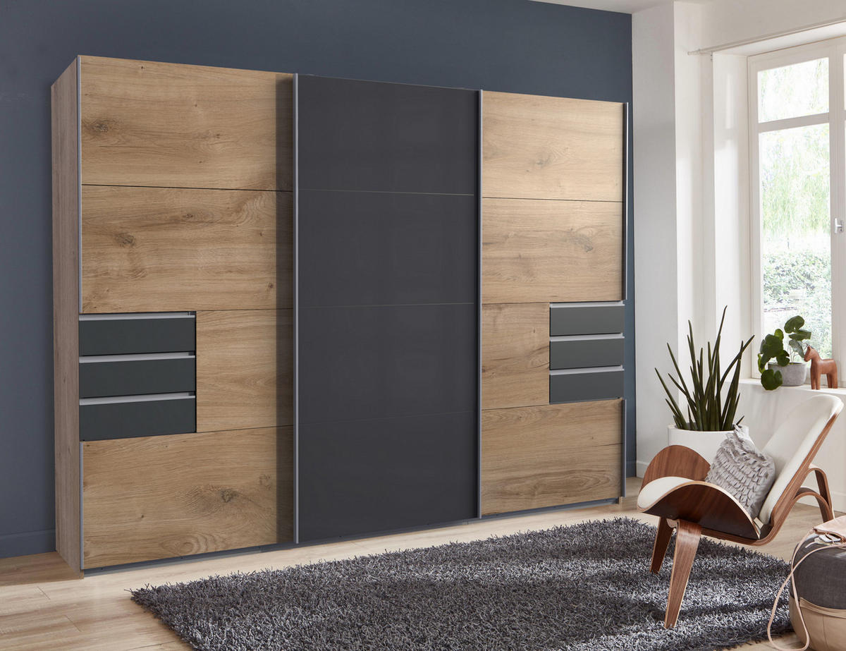 SKŘÍŇ S POSUVNÝMI DVEŘMI, 270 × 208 × 64 cm (Š×V×H), dekor dub, prostřední dveře se sklem v šedé barvě, se zásuvkami v grafitové barvě / 22611 - barva hliníku/grafitová, kov/kompozitní dřevo (270/208/64cm) - luma-home