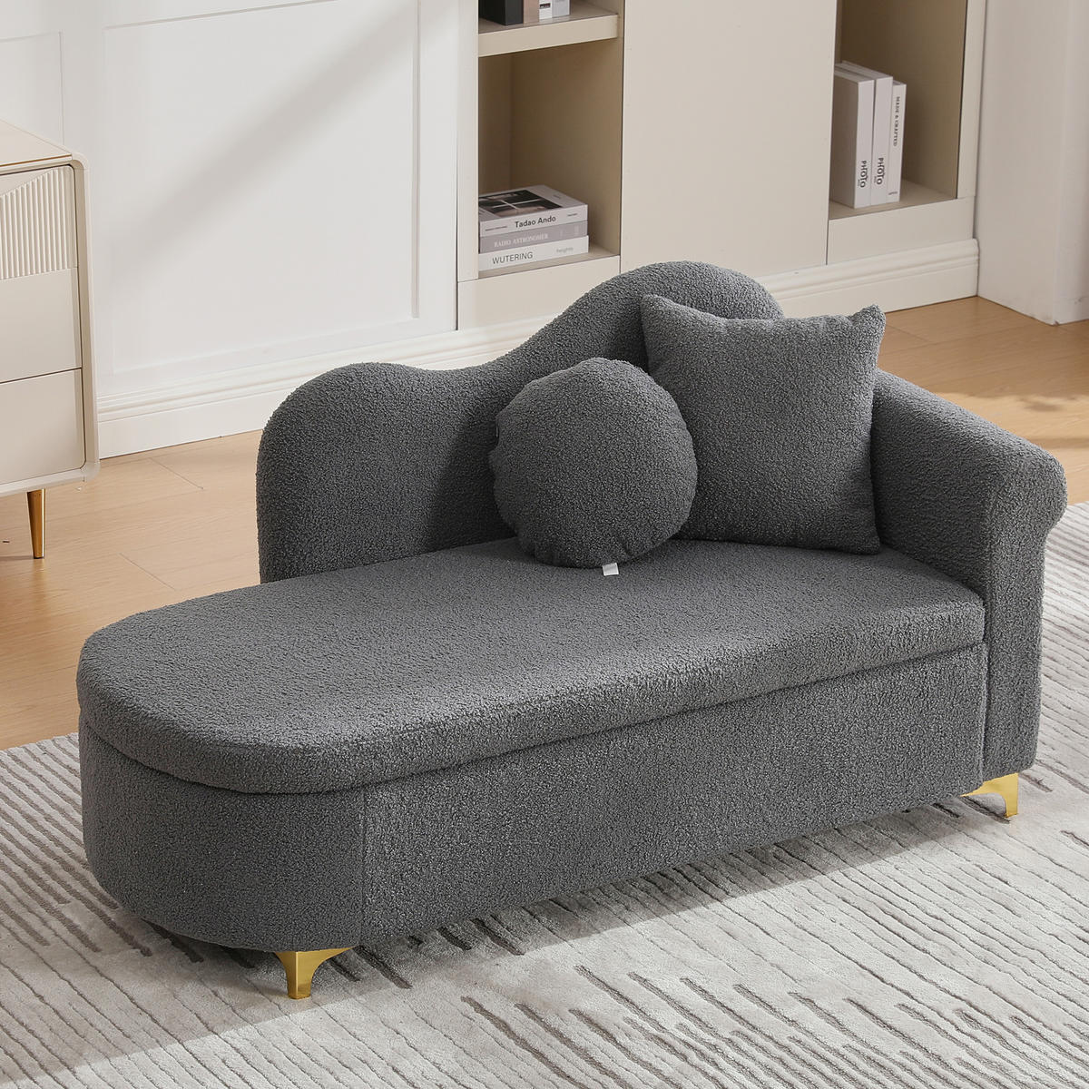 LEŽALJKA u antikno sivoj boji sa spremnikom, izgled ovčjeg runa - tamno siva/zlatne boje, drvni materijal/tekstil (64/70/134cm) - CHICFURN