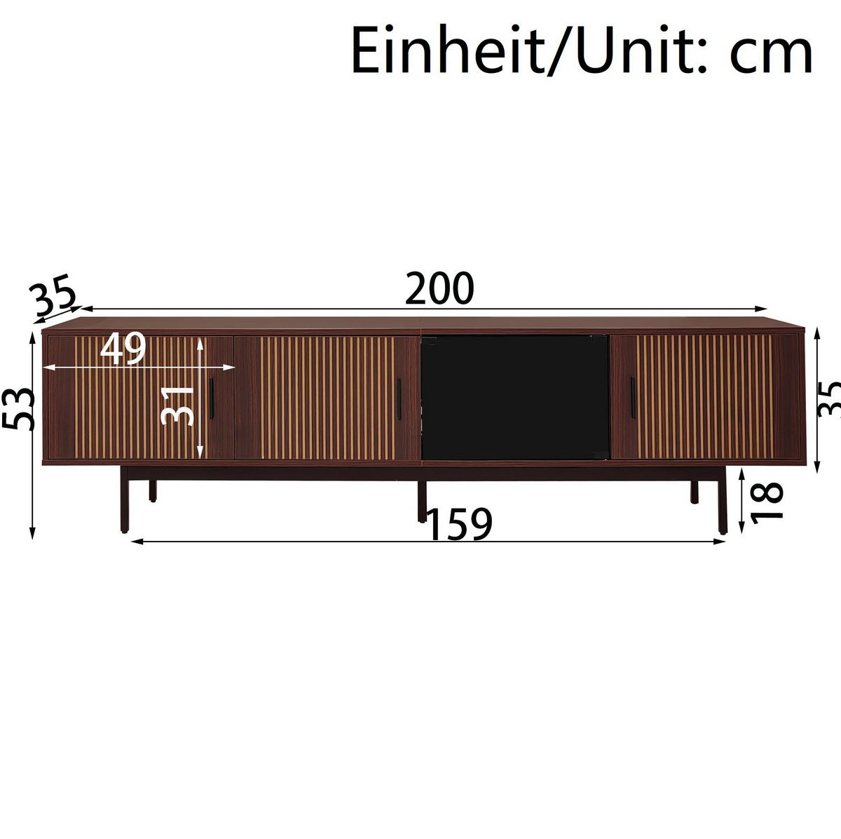 LOWBOARD 200/35/53 cm aus MDF und Spanplatte mit LED-Lichtleiste Schwarz/Walnussbraun - Schwarz, Holzwerkstoff (200/53/35cm) - Modenvie