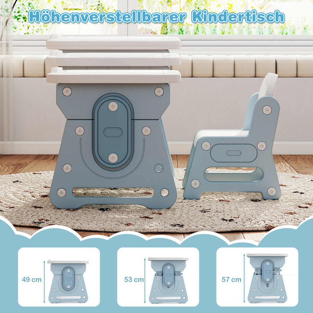 KINDERTISCH-STUHL-SET mit Höhenverstellung blau(2-tlg) - Blau, Kunststoff (80/49/50cm) - COSTWAY