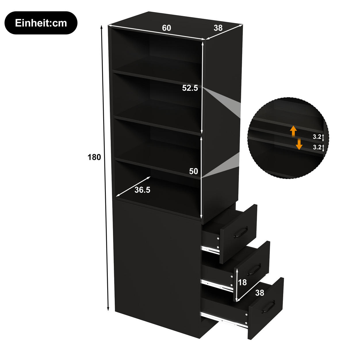 HIGHBOARD 60/180/38 cm Schwarz aus Spanplatte mit Seitenschubladen - Schwarz, Holzwerkstoff (38/180/60cm) - OKMYHOME