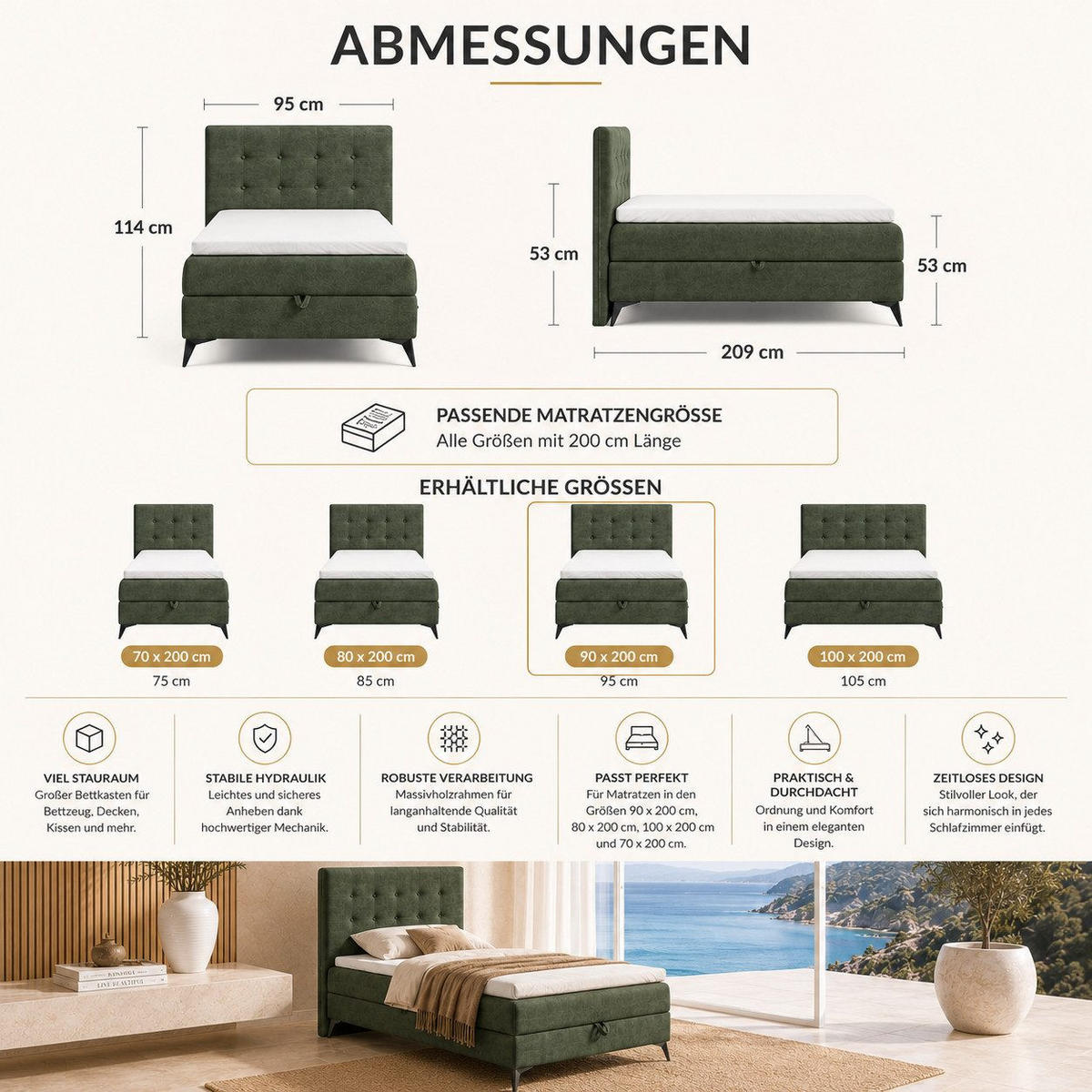 BOXBETT K15 Single SLIM mit Bettkasten & Bonell-Federkern ohne Topper - Olivgrün, Holz/Textil (200/90cm) - Best For Home
