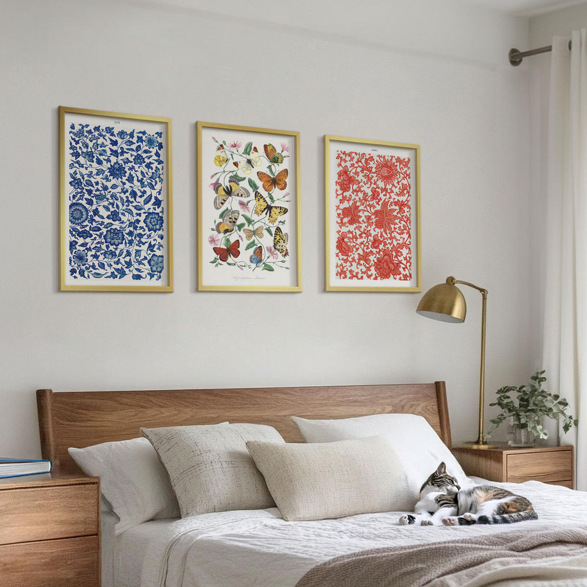 WANDBILDER 3er Set - 40x60 cm Goldrahmen - Vintage-Blumen-Schmetterlings-Ornamente - Goldfarben, Kunststoff (40/60cm) - ArtPrintCave