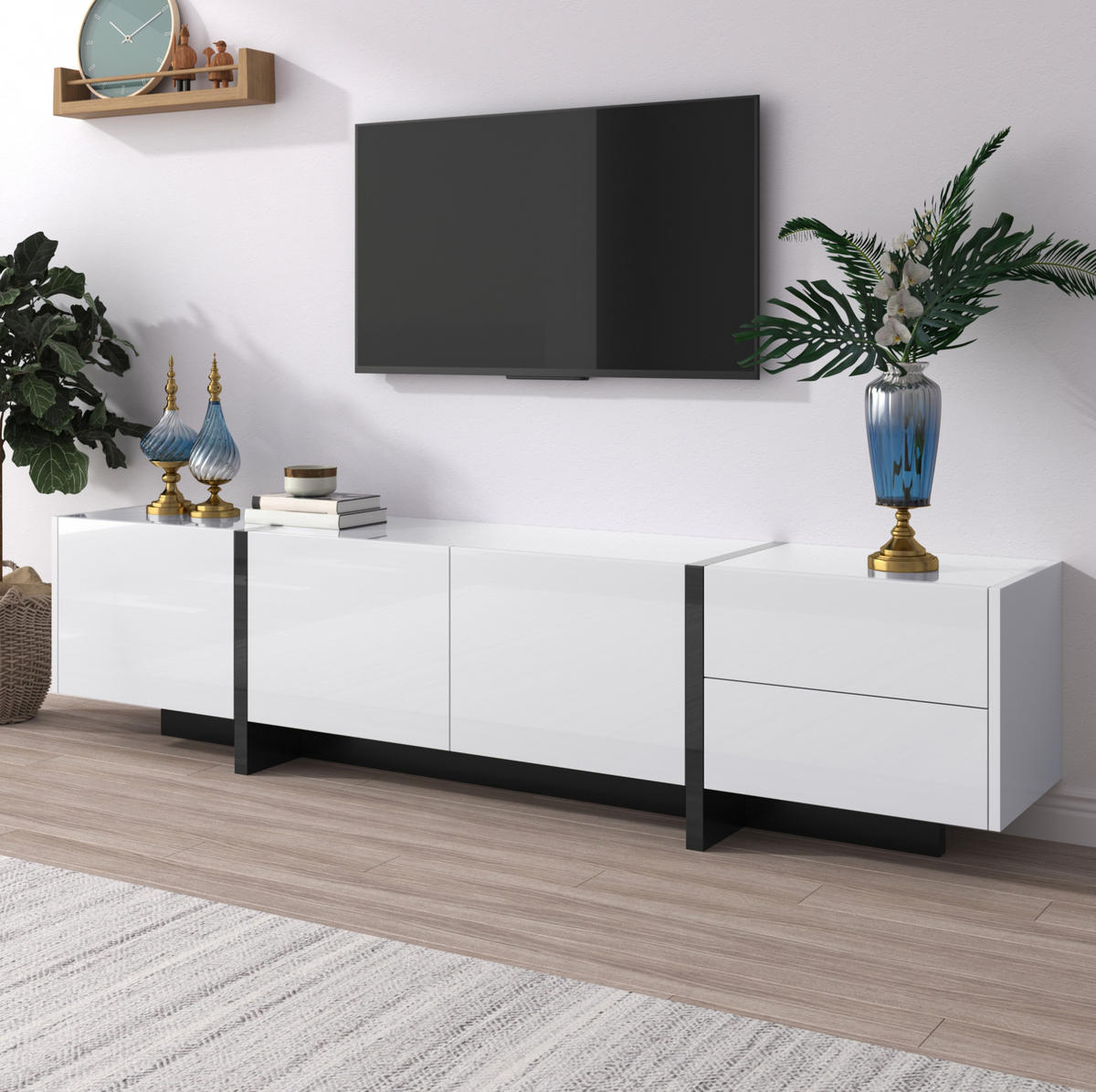 TV-ELEMENT mit 3 Türen und 2 Schubladen 190 x 35 x 45 cm Weiß/Schwarz - Weiß, Holzwerkstoff (35/35/190cm) - Beauniv