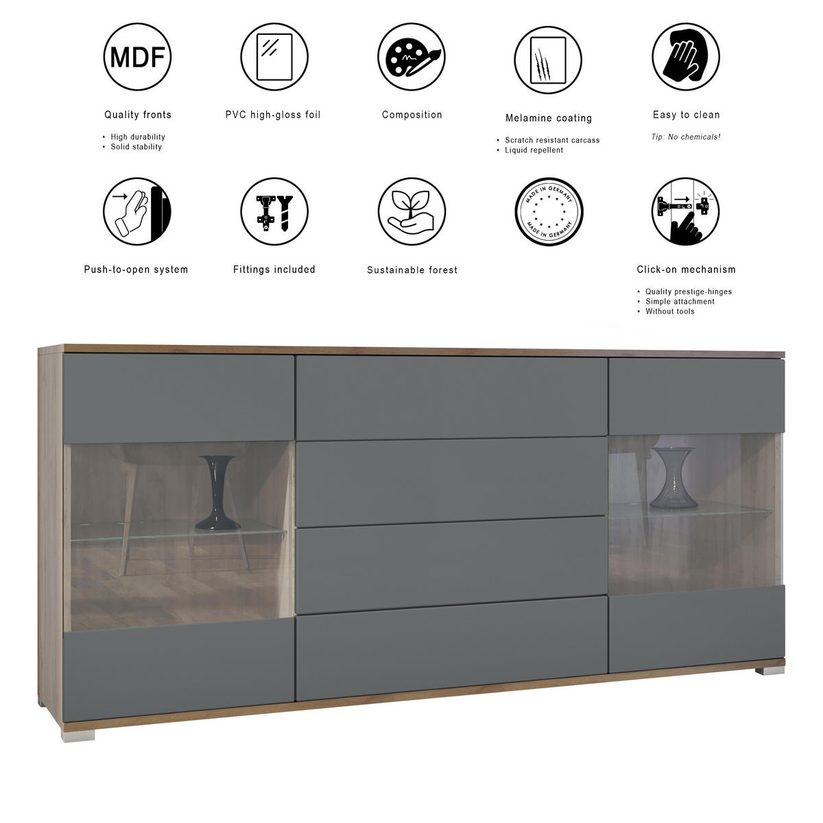 SIDEBOARD Bari Graphit Seidenmatt - Graphitfarben, Holzwerkstoff (166.5/75.5/35cm) - Vladon