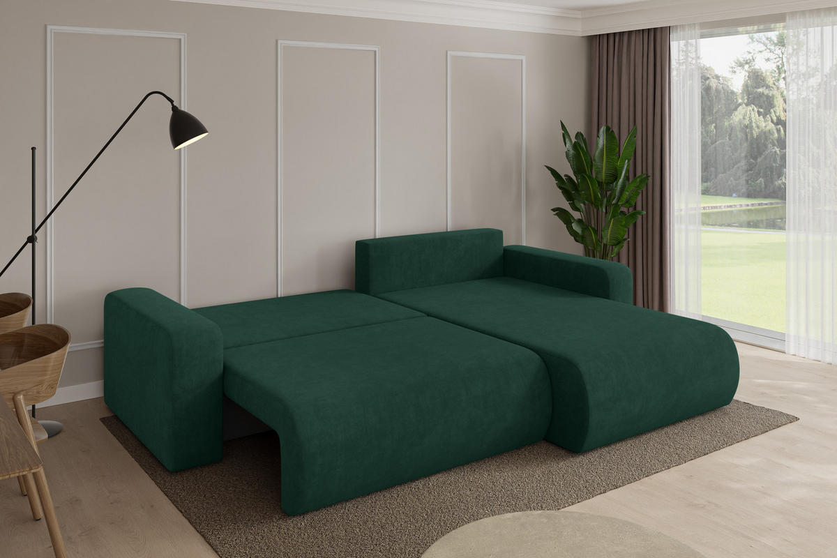 ROHOVÁ SEDAČKA s funkcí spaní, otoman vpravo BERY-L 276x193x88 zelená velur - černá/zelená barva, kompozitní dřevo/textil (276/193cm) - ALTDECOR