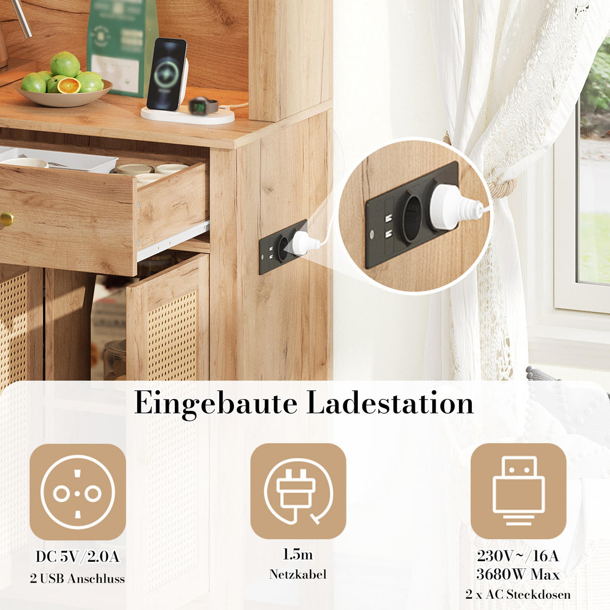 BUFFET DE-38637 100/40/180 cm LED-Beleuchtung und 5 Rattantüren Natur - Naturfarben, Holzwerkstoff (100/180/40cm) - ComfortXL