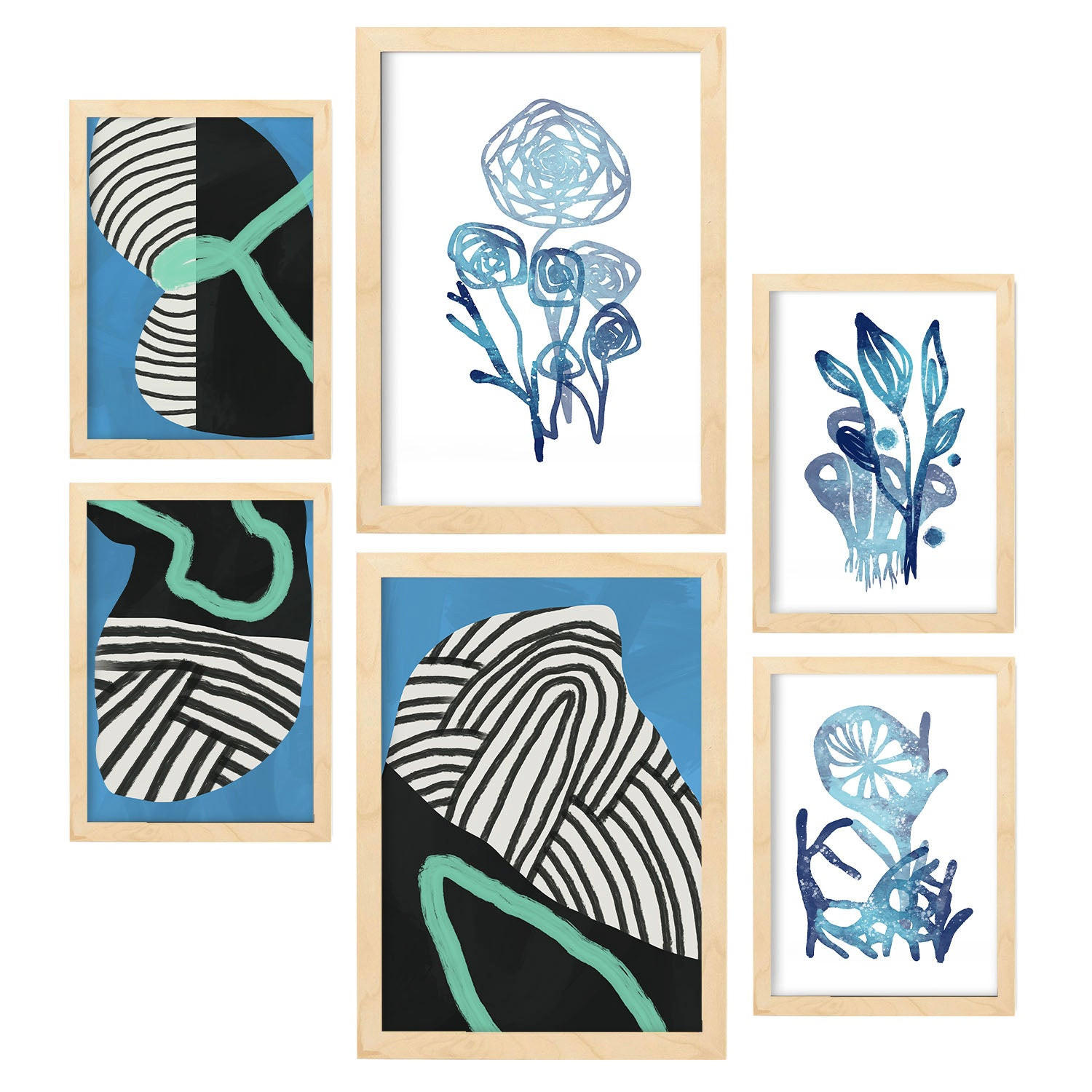 POSTER Set Mit 6 Wildes Grün In Blume Zusammenfassung A3 & A4 Rahmen Aus Hellem Holz - Beige, Papier (29/3cm) - Nacnic