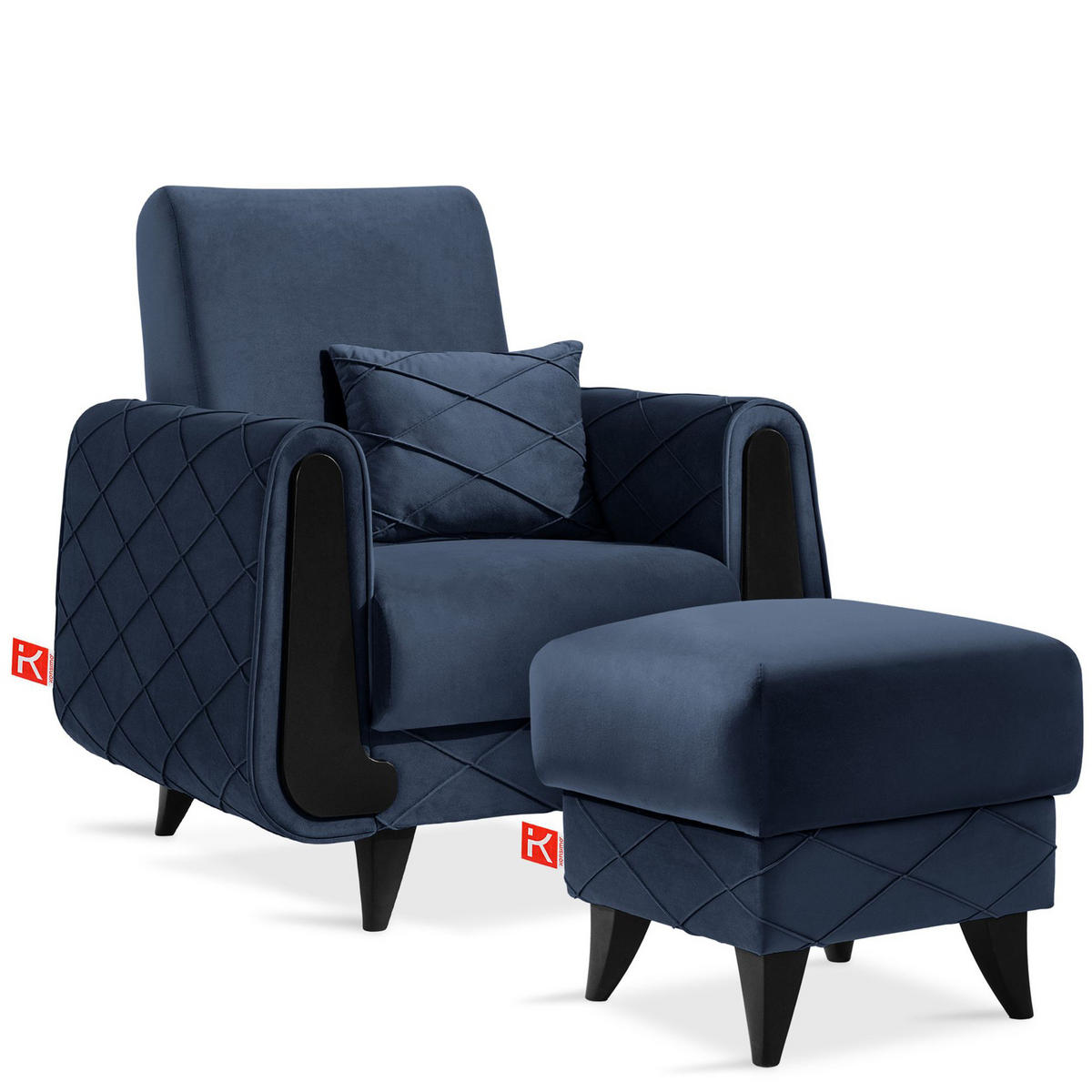 HOCKER GUSTAVO III Fußstütze, Velours, Dunkelblau - Dunkelblau, Holz/Holzwerkstoff (53/49/53cm) - KONSIMO®