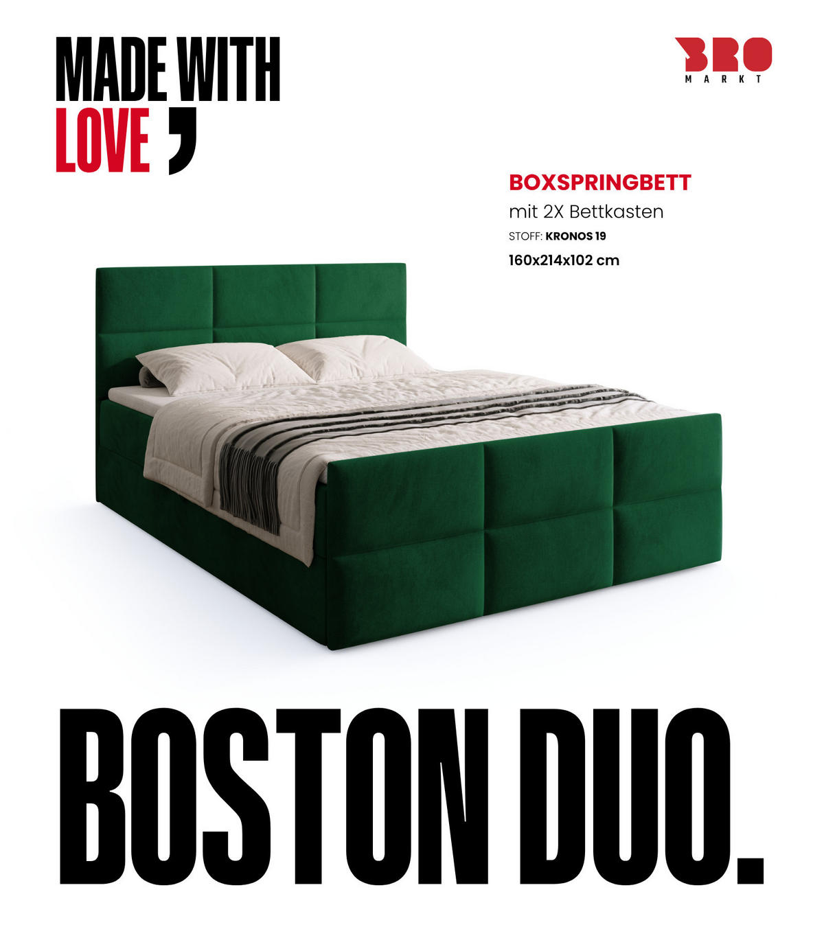 BOXSPRINGBETT Boston Duo Mit Bettkasten, Topper und Matratze Dunkelgrün Kronos 19 160x200 cm - Dunkelgrün/Schwarz, Textil (160/200cm) - Bromarkt
