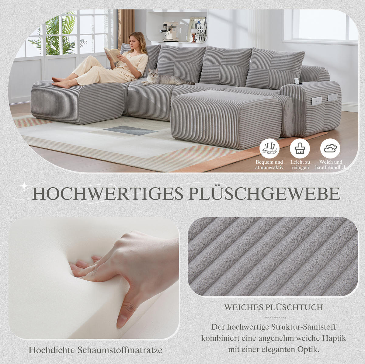 4-SITZER Wohnlandschaft Cord mit 2 Hockern und Getränkehalter 333/174/80 cm Hellgrau - Hellgrau, Textil (174/80/333cm) - Redom