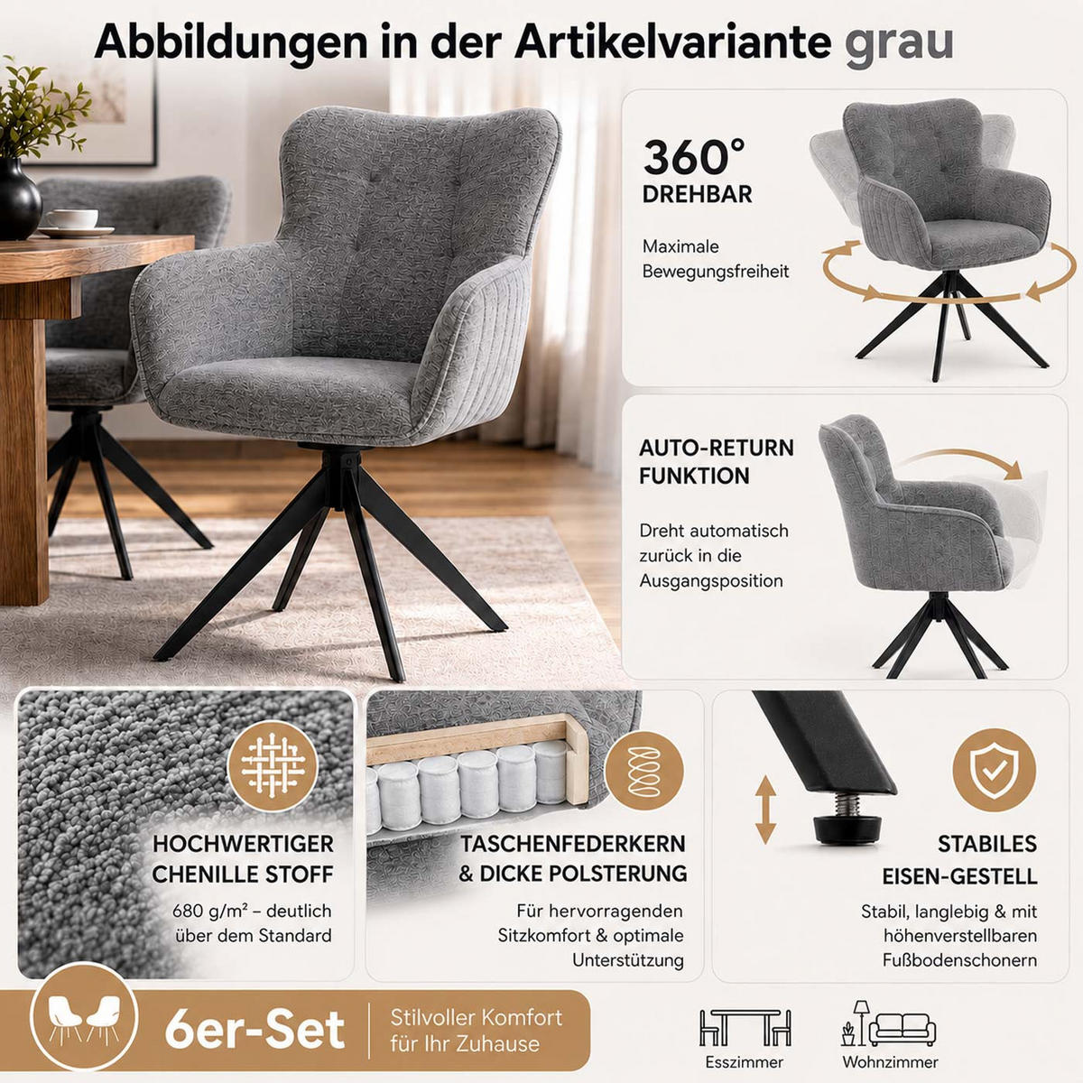 ESSZIMMERSTUHL Grau 6er-Set - Grau, Textil (63/93/70cm) - MCW