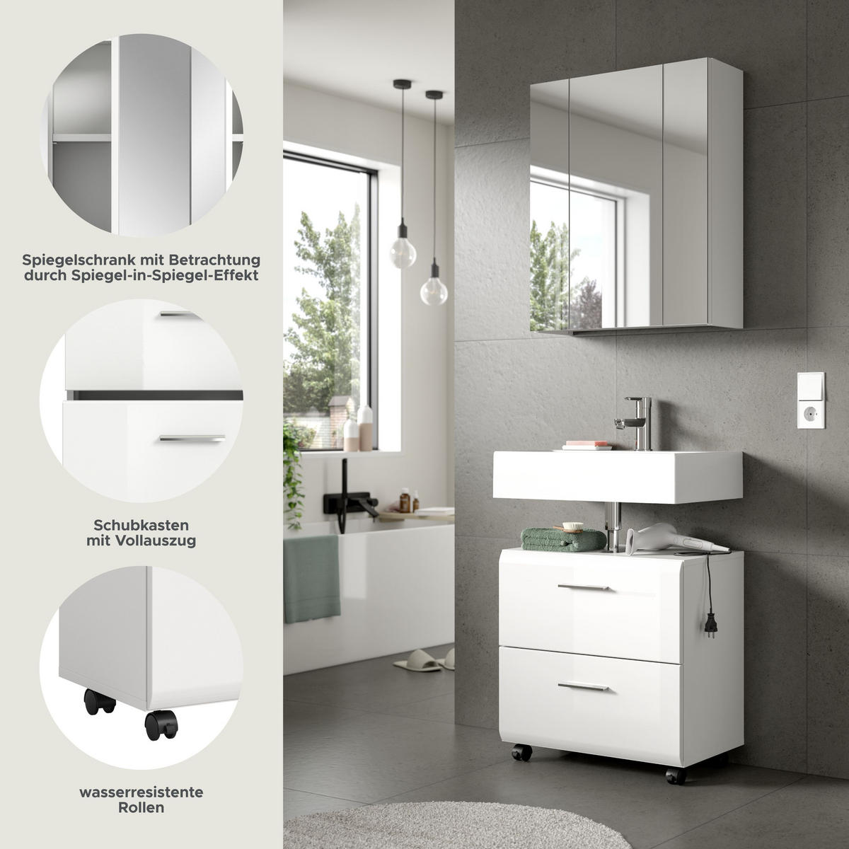 BADKOMBINATION AUF ROLLEN Ice weiß hochglanz 60/30/185 cm - Weiß, Holzwerkstoff (60/185/30cm) - Xonox