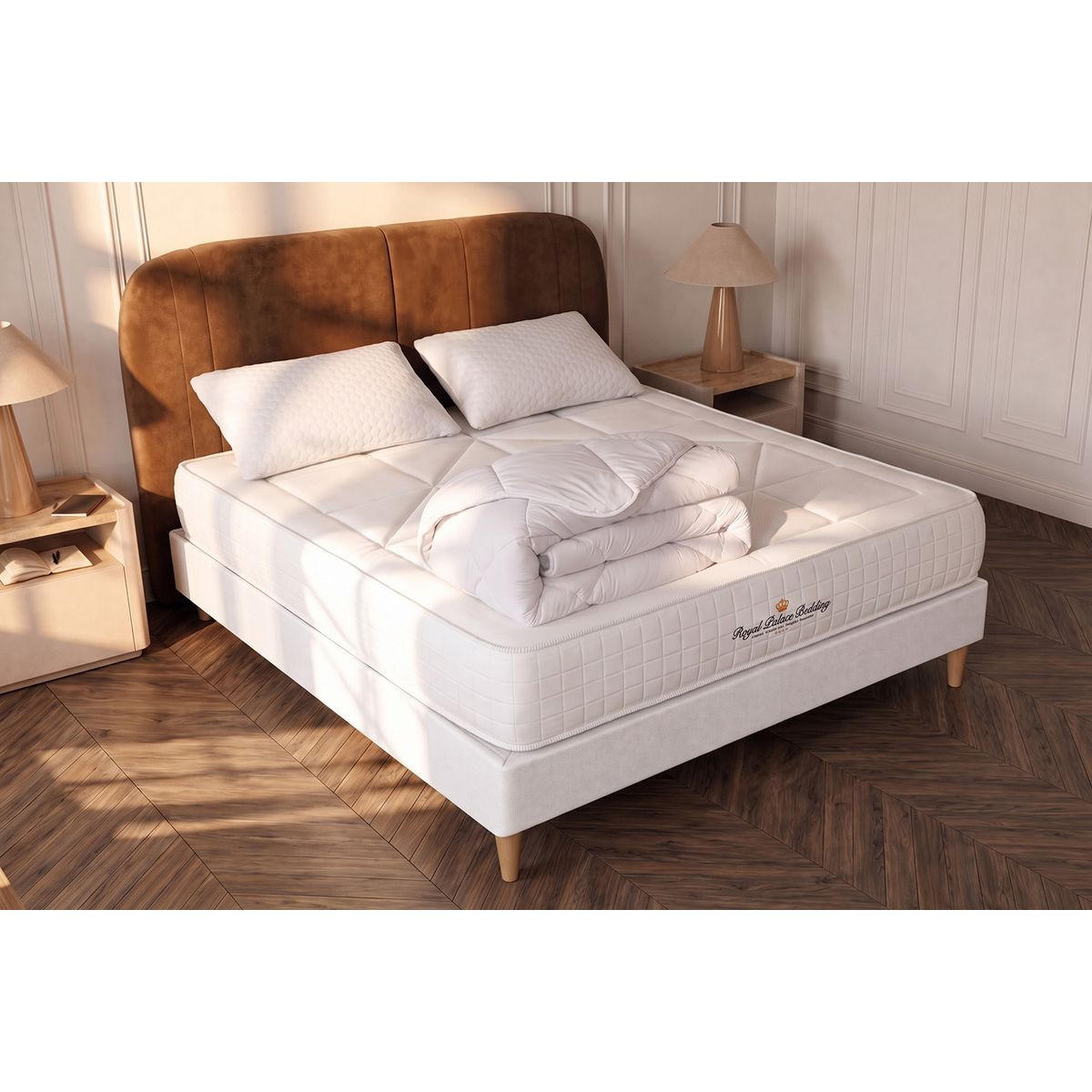 BETT Windsor Taschenfederkern und Memory-Schaum 180 x 200 cm h1 - Kit Bettgestell Weiß - Mit Kissen und Bettdecke - Beige/Weiß, Karton/Holz (180/200cm) - ROYAL PALACE BEDDING