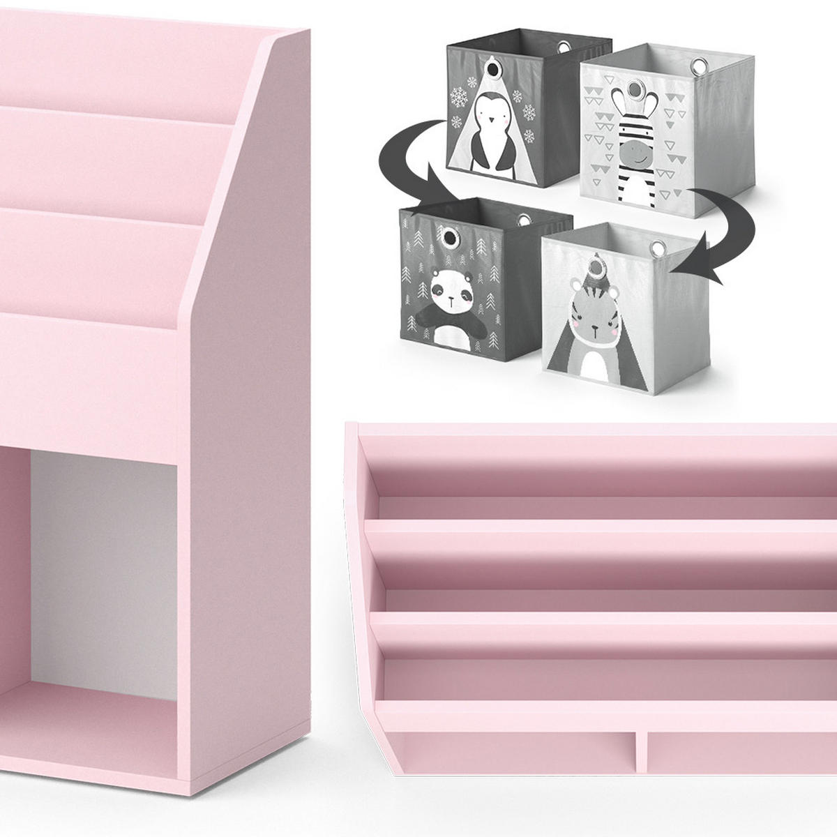 KINDERREGAL Luigi Rosa 72 x 79 cm mit 2 Faltboxen (Panda, Tiger) - Pink, Holzwerkstoff (72/79/30.7cm) - Vicco