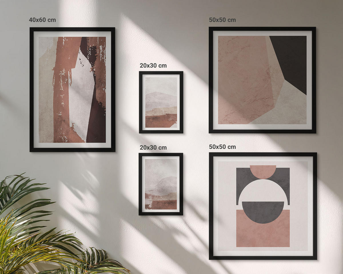 BILDER SET 5er Set - 50x50 cm & 20x30 cm & 40x60 cm Schwarzer Rahmen - Abstrakte braune Muster - Schwarz, Kunststoff (40/60cm) - TULUP