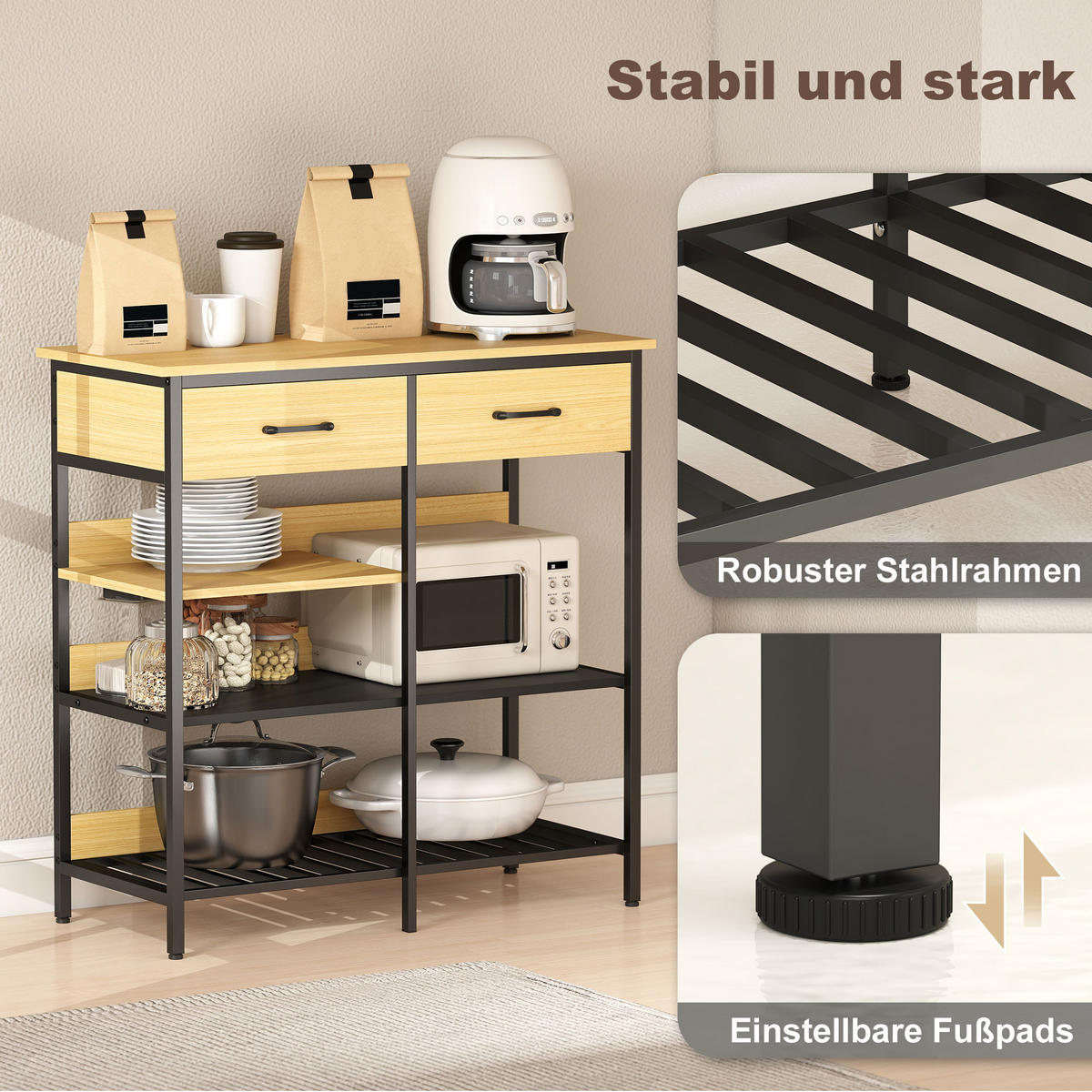 KOMMODE mit 2 Schubladen 3 offenen Regalen Naturholz - Schwarz/Naturfarben, Holzwerkstoff/Metall (40/91/90cm) - HOMCOM
