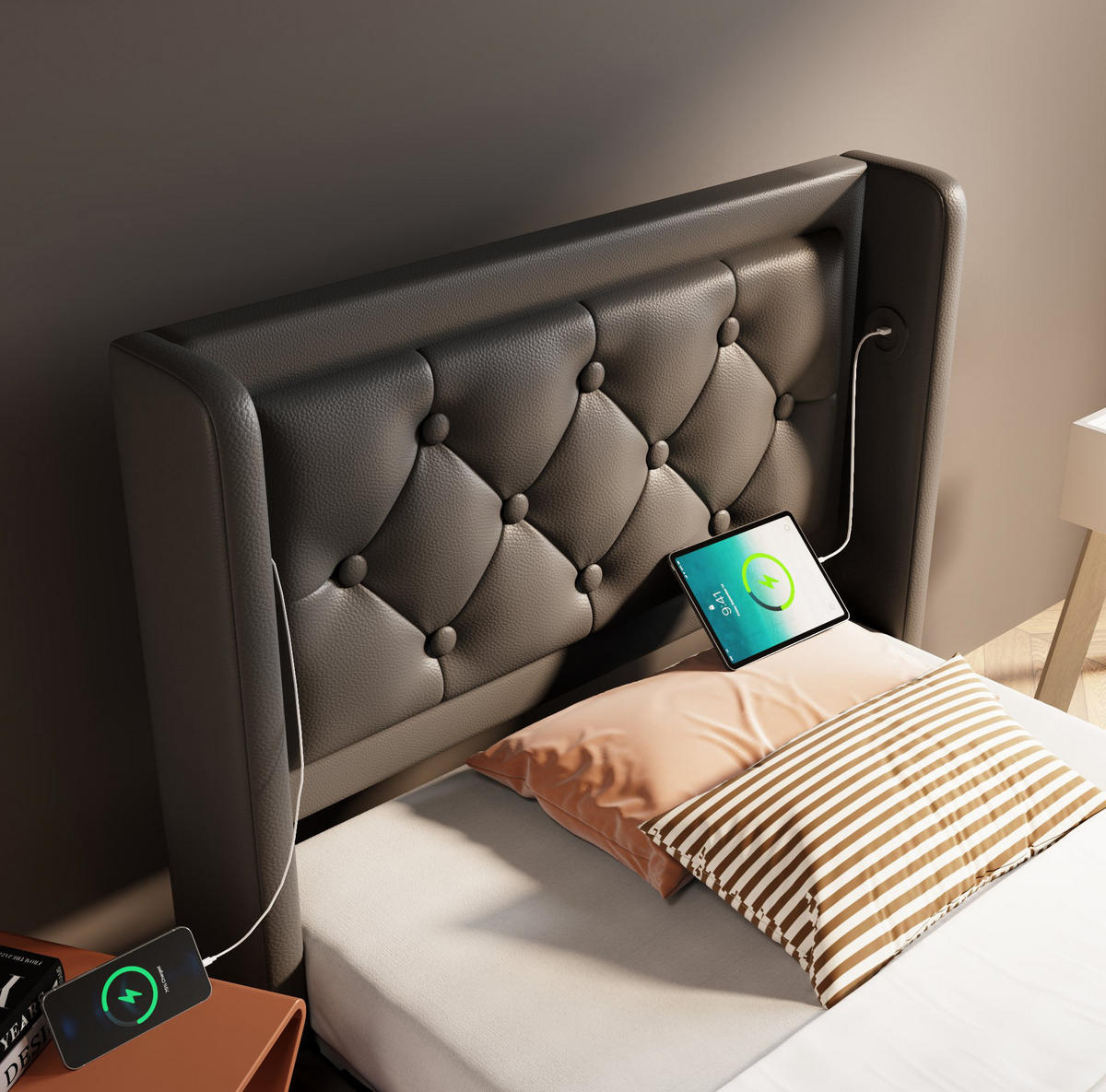 POLSTERBETT 90/200 cm Schwarz aus PU mit LED und USB-C - Schwarz, Kunststoff (90/200cm) - OKMYHOME