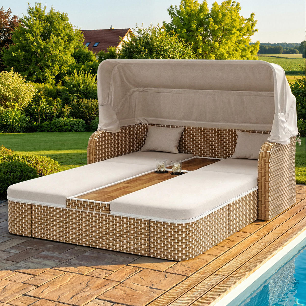 SONNENLIEGE aus Rattan 192x160x137cm in Beige mit klappbarem Sonnensegel - Beige, Metall (160/137/192cm) - Modfu