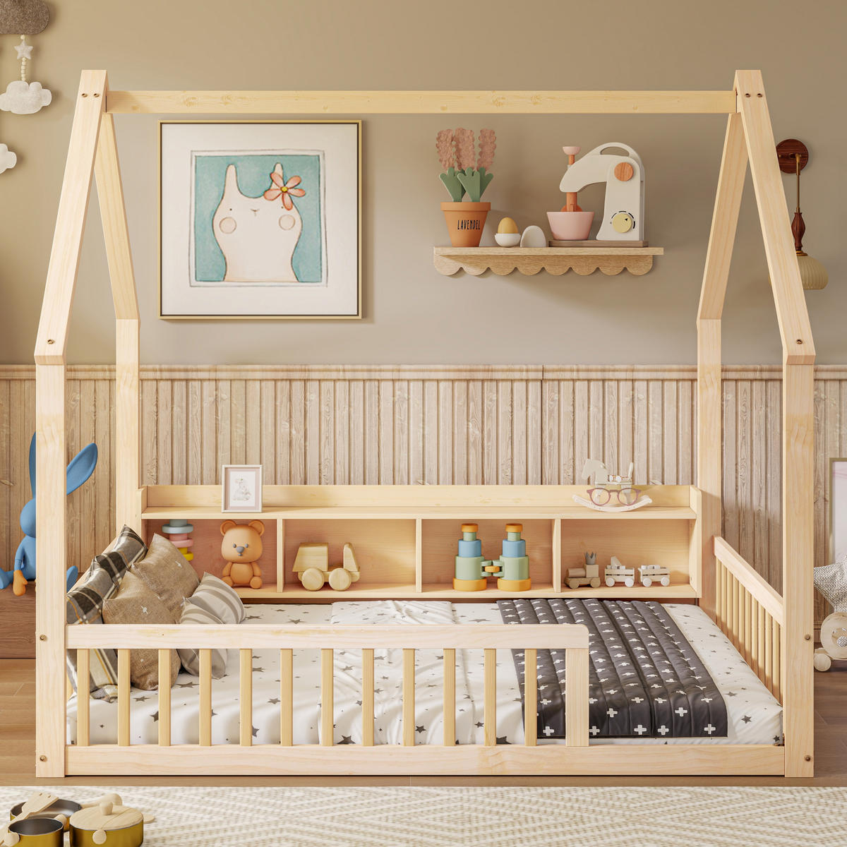 HAUSBETT 140/200 cm mit Ablagefächern, DE-41877, in Natur - Naturfarben, Holz (140/200cm) - ComfortXL