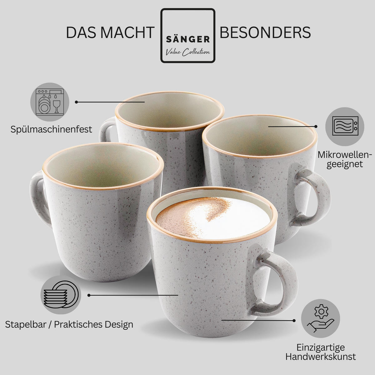 KAFFEEBECHER RIO PERLGRAU- 4 teilig aus Steingut - Grau, Keramik (0.43L) - Sänger