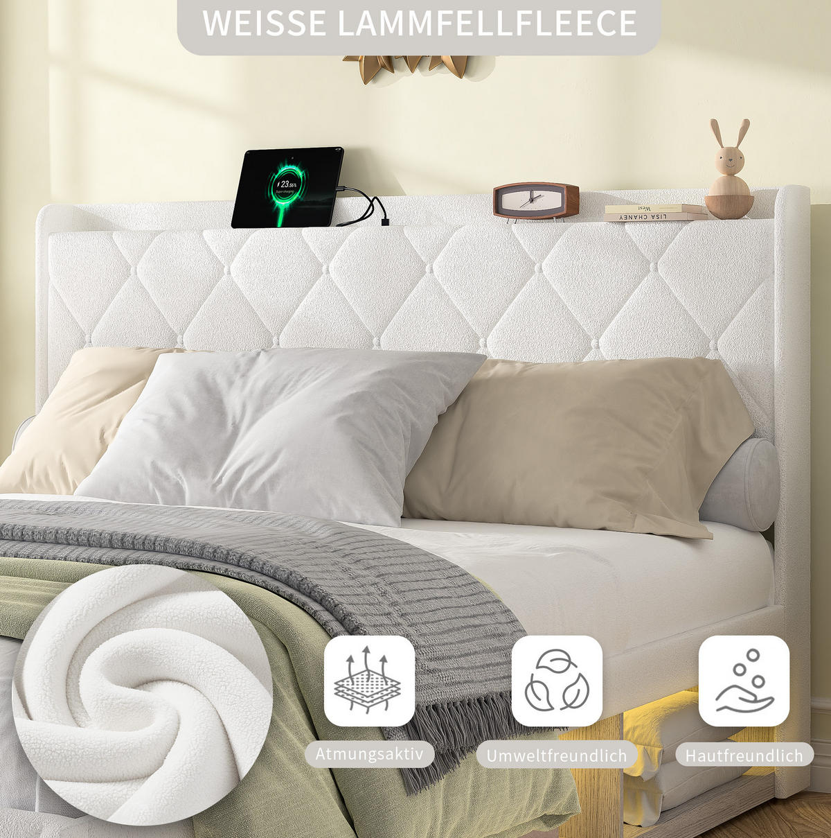 BETT mit USB und LED 160x200 cm Teddy Weiß - Weiß, Holzwerkstoff (160/200cm) - Meubliv