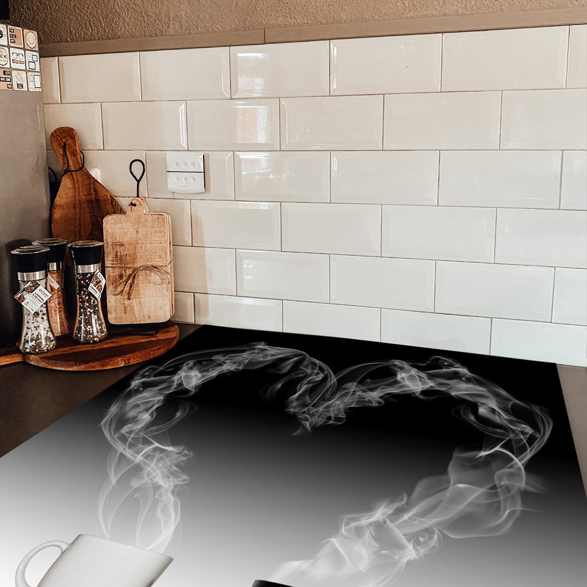 HERDABDECKPLATTE Kaffee - Herz - Schwarz und weiß - Tassen Induktionsmatte 78x78 cm - Weiß, Kunststoff (78/78/0.2cm) - MuchoWow