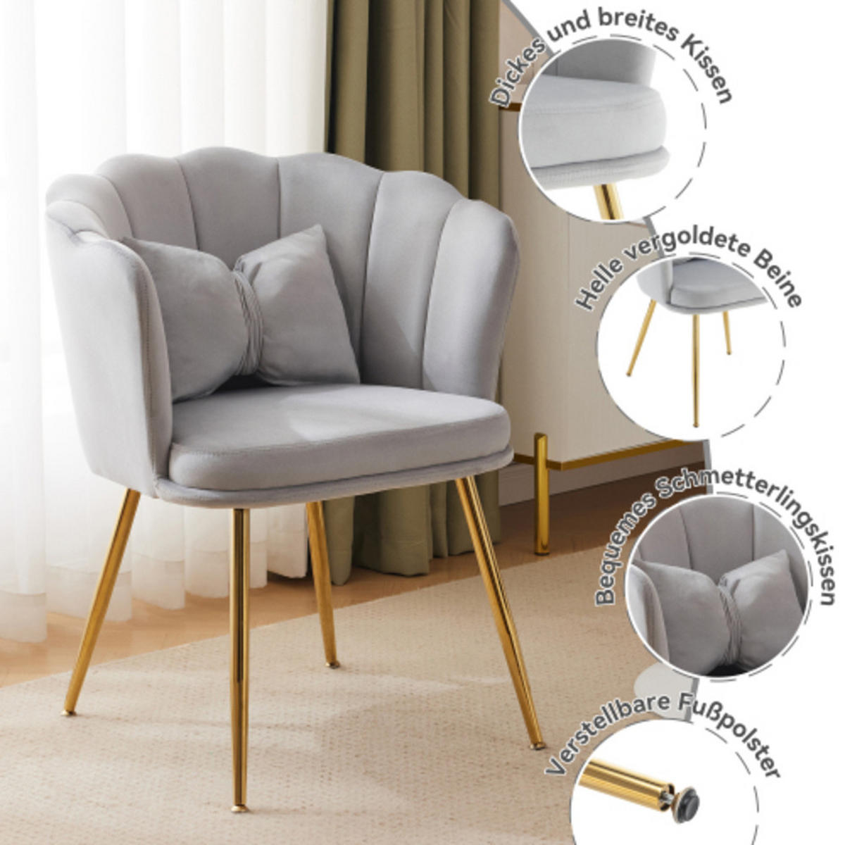 SESSEL aus Samt 63×58×77 mit vergoldete Beine, grau - Grau, Textil (58/77/63cm) - Luhomfu