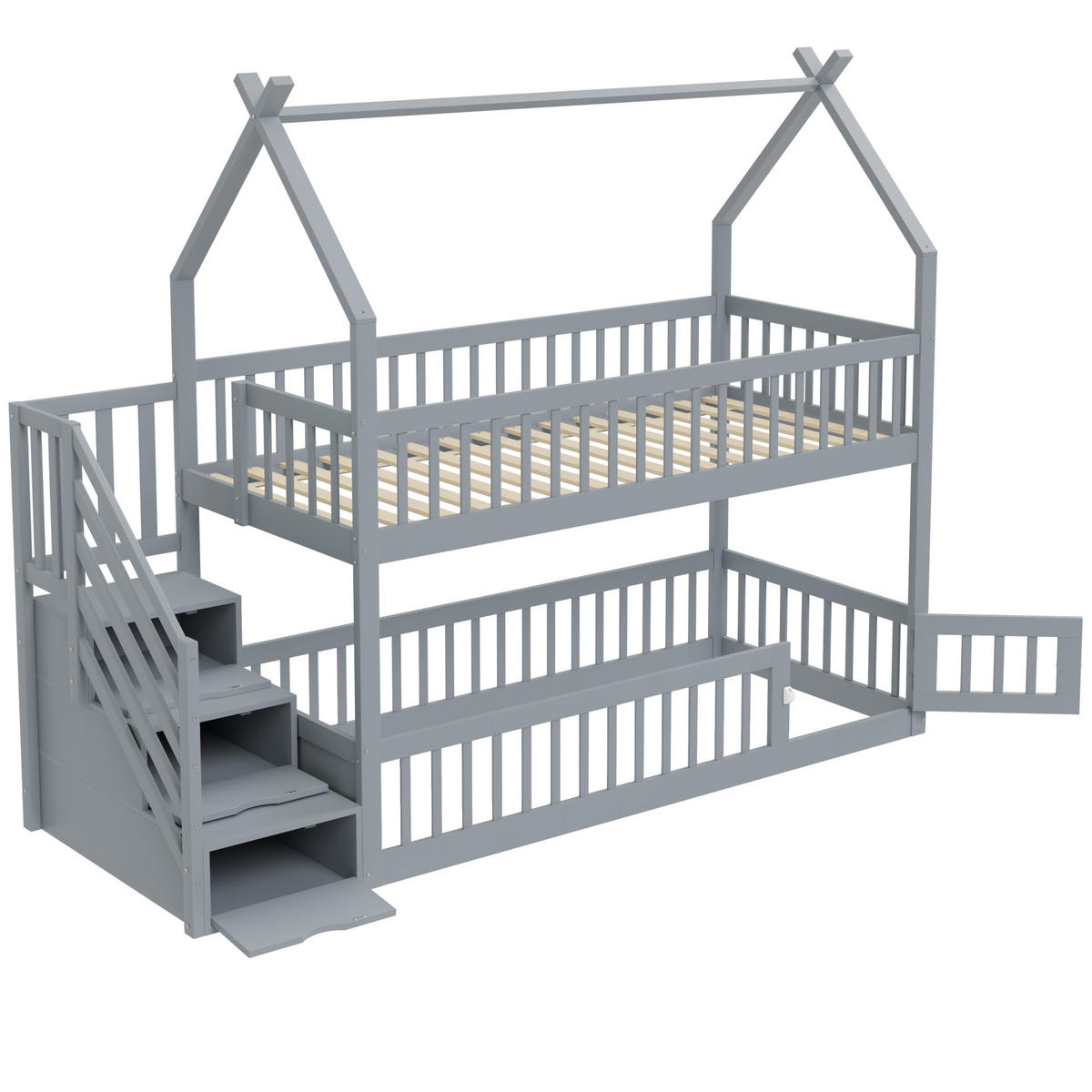 ETAGENBETT mit Dach, Treppe und Schubladen 90x200 cm Kiefernholz Grau - Grau, Holzwerkstoff (90/200cm) - Beauniv