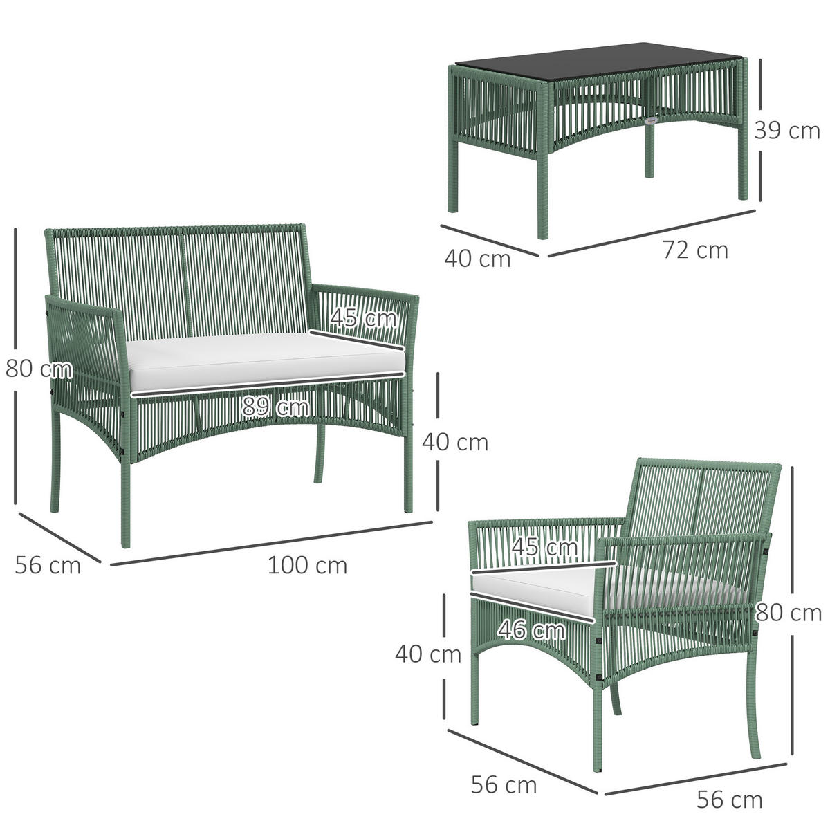 GARTENSET DE-13598 4-teilig mit Glastisch & 5 cm Kissen Natur - Grün, Metall - ComfortXL