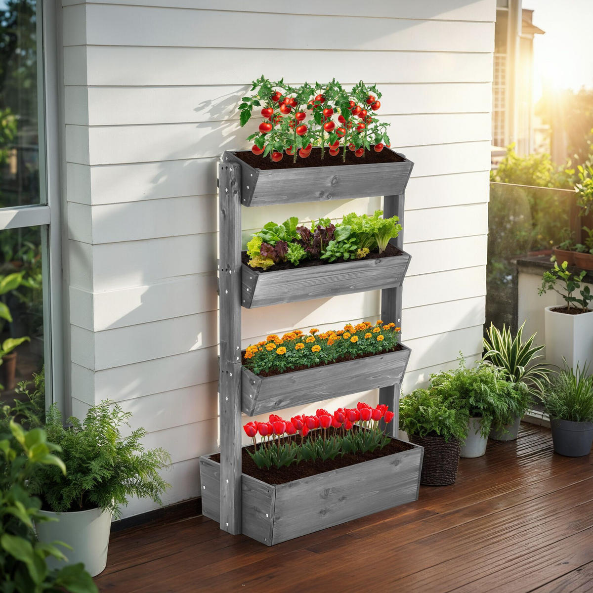 VERTIKALBEET Flora,inklusive Pflanzvlies, 85 x 45 x 140 cm,grau - Grau, Holz (85/140/45cm) - tectake