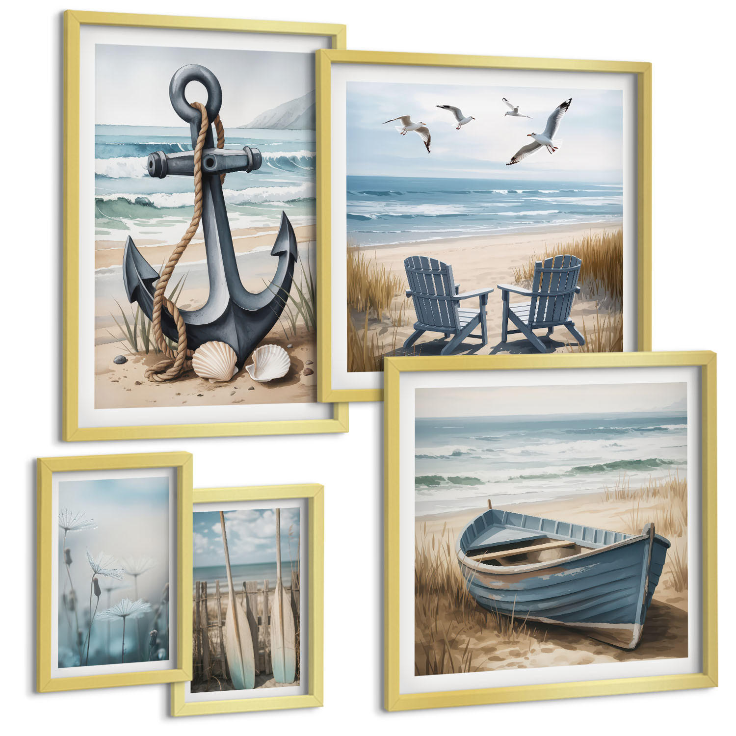 BILDER SET 5er Set - 50x50 cm & 20x30 cm & 40x60 cm Goldrahmen - Waldlandschaft, See Łódź - Goldfarben, Kunststoff (40/60cm) - TULUP