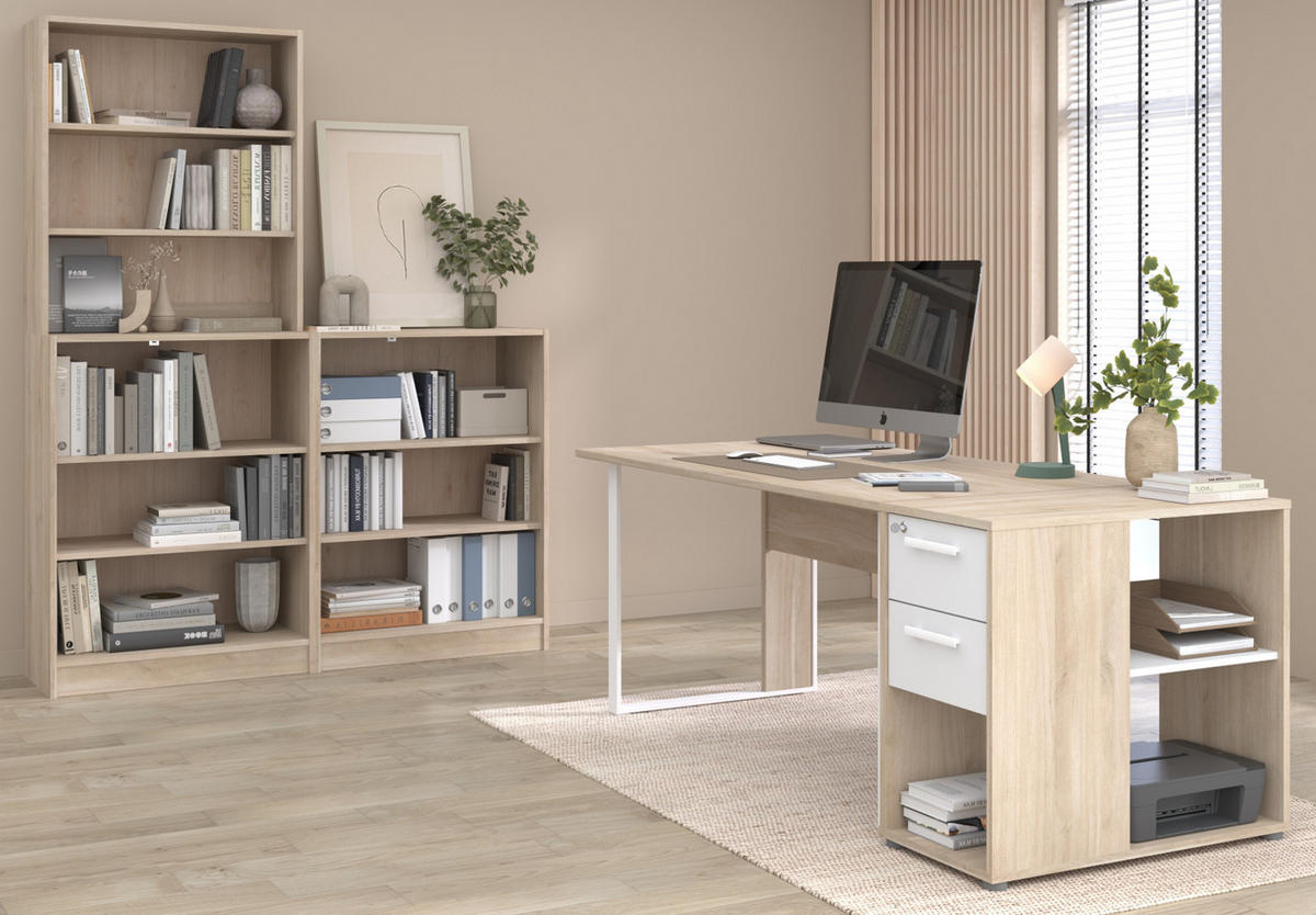 BÜROMÖBEL-SET Eiche japanisch, weiß, Schreibtisch-Kombination mit viel Stauraum - Eichefarben/Weiß, Holzwerkstoff/Kunststoff (80/150/104cm) - Parisot Meuble