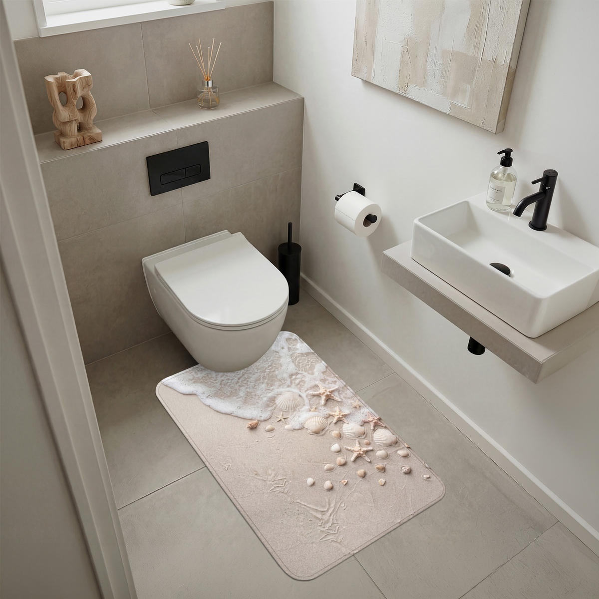 KÚPEĽŇOVÁ PREDLOŽKA Mušle - Hviezdice - Pláž 60x90 cm - piesková/krémová, textil/plast (60/90cm) - OnlyWow